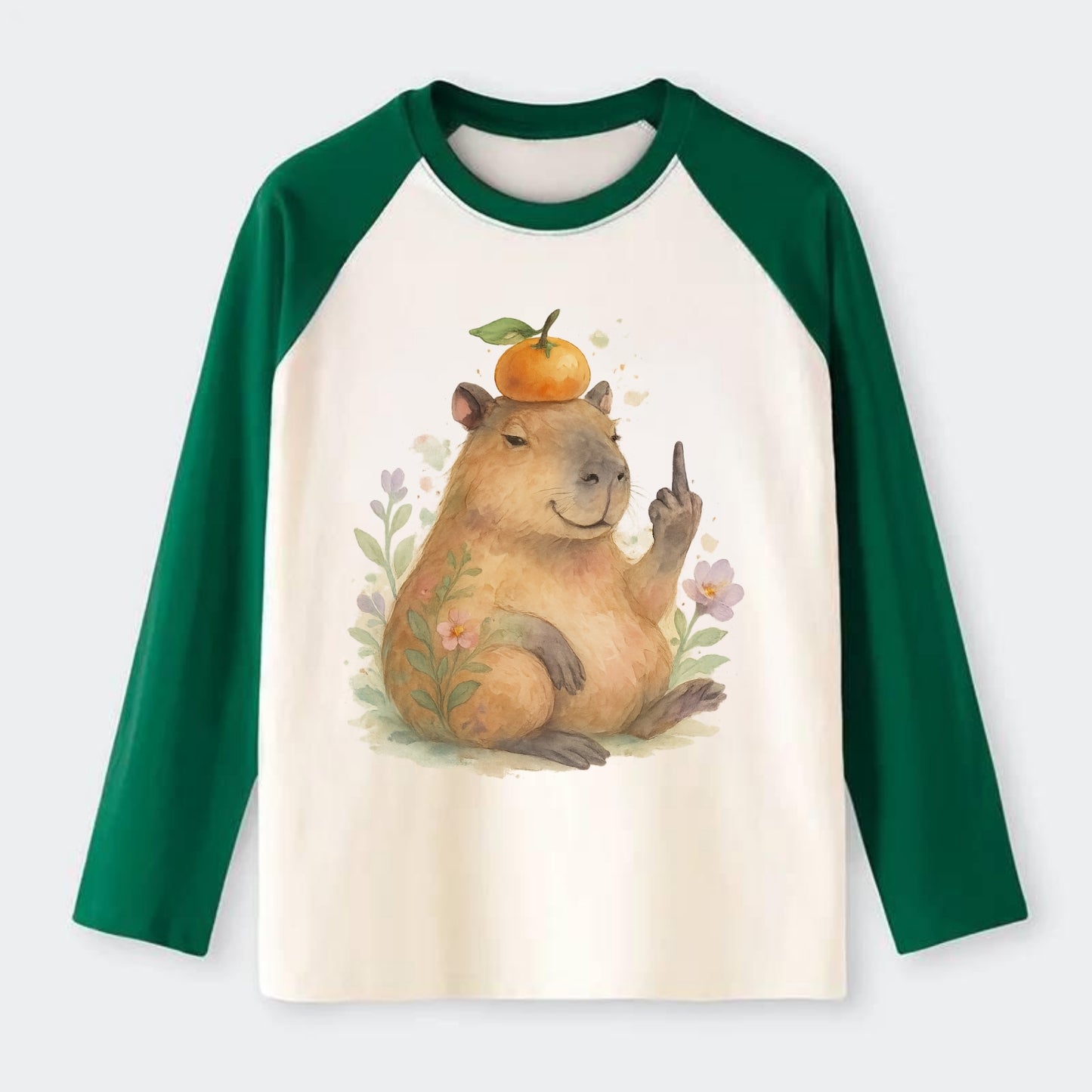 chonky capybara relaxing with orange on head, one webbed middle finger - Raglan Long Sleeve T-Shirt - Green