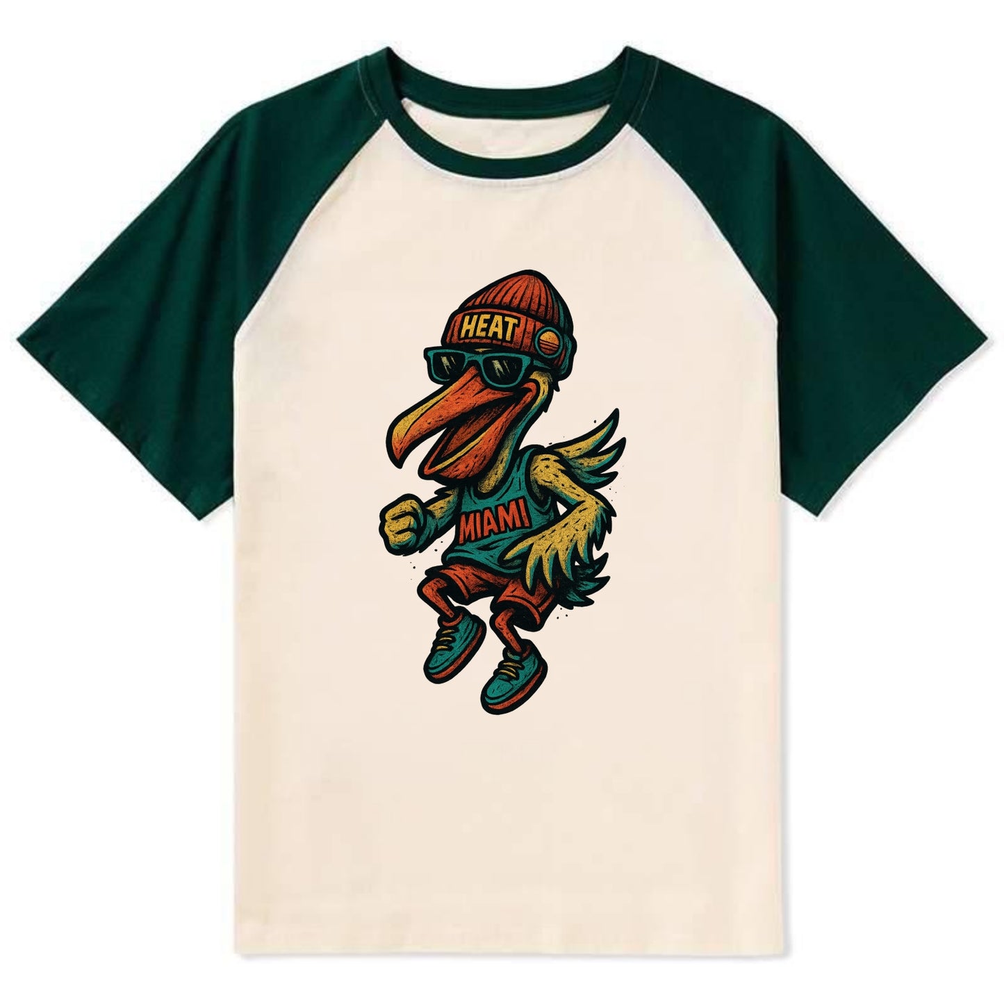 Miami Pelican wearing Heat beanie with sunset patch and wayfarer - Contrast Raglan T-shirt - Green