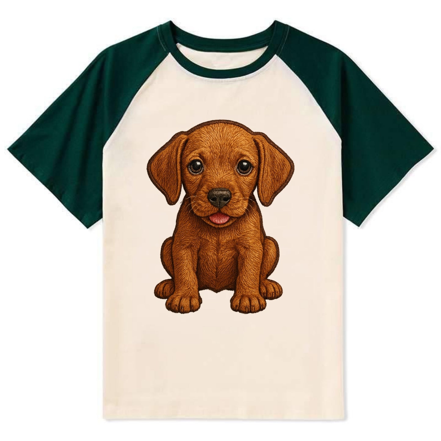 Baby Vizsla Puppy - golden rust coat, soulful eyes, athletic build, - Contrast Raglan T-shirt - Green