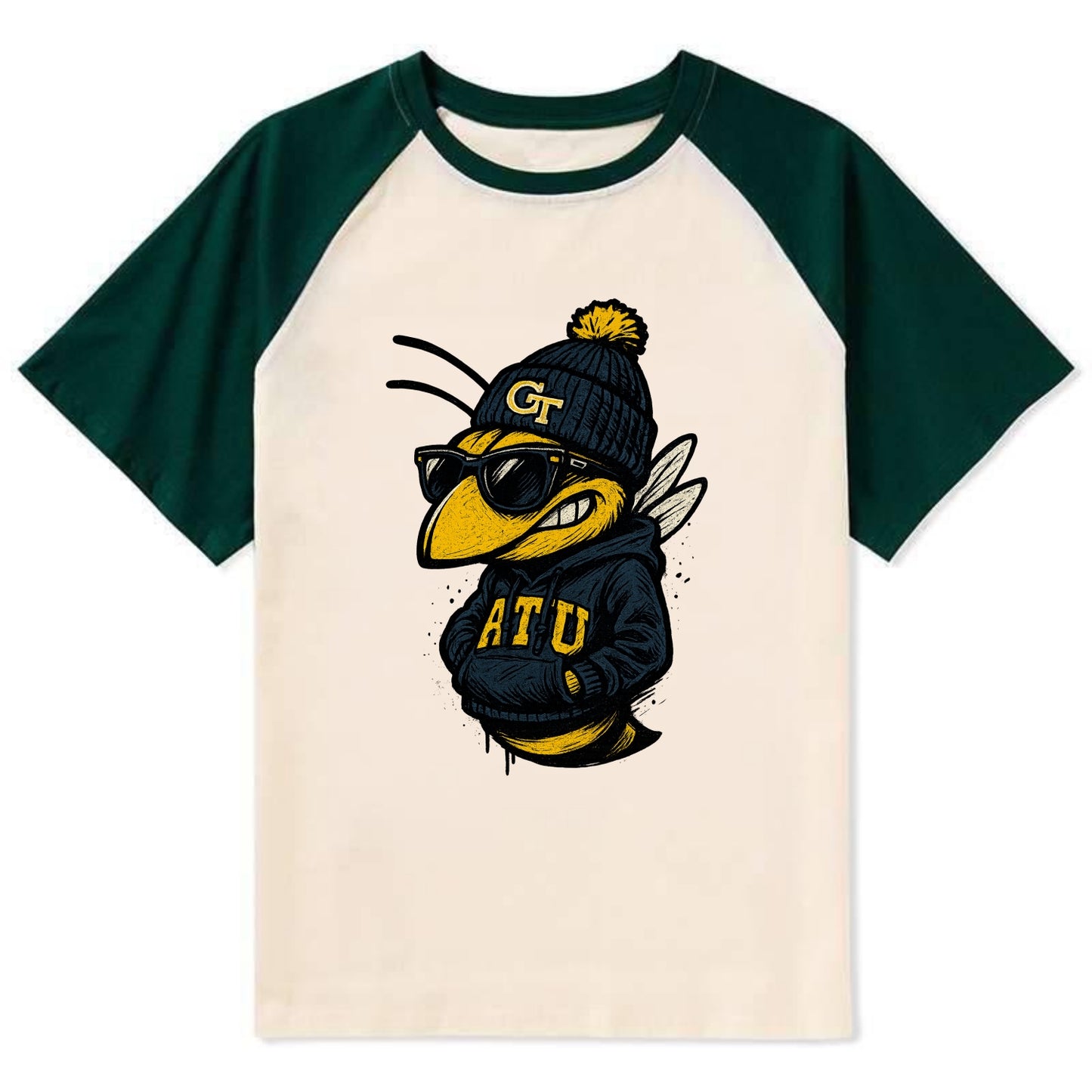 Atlanta Yellow Jacket wearing Georgia Tech beanie with GT patch - Contrast Raglan T-shirt - Green