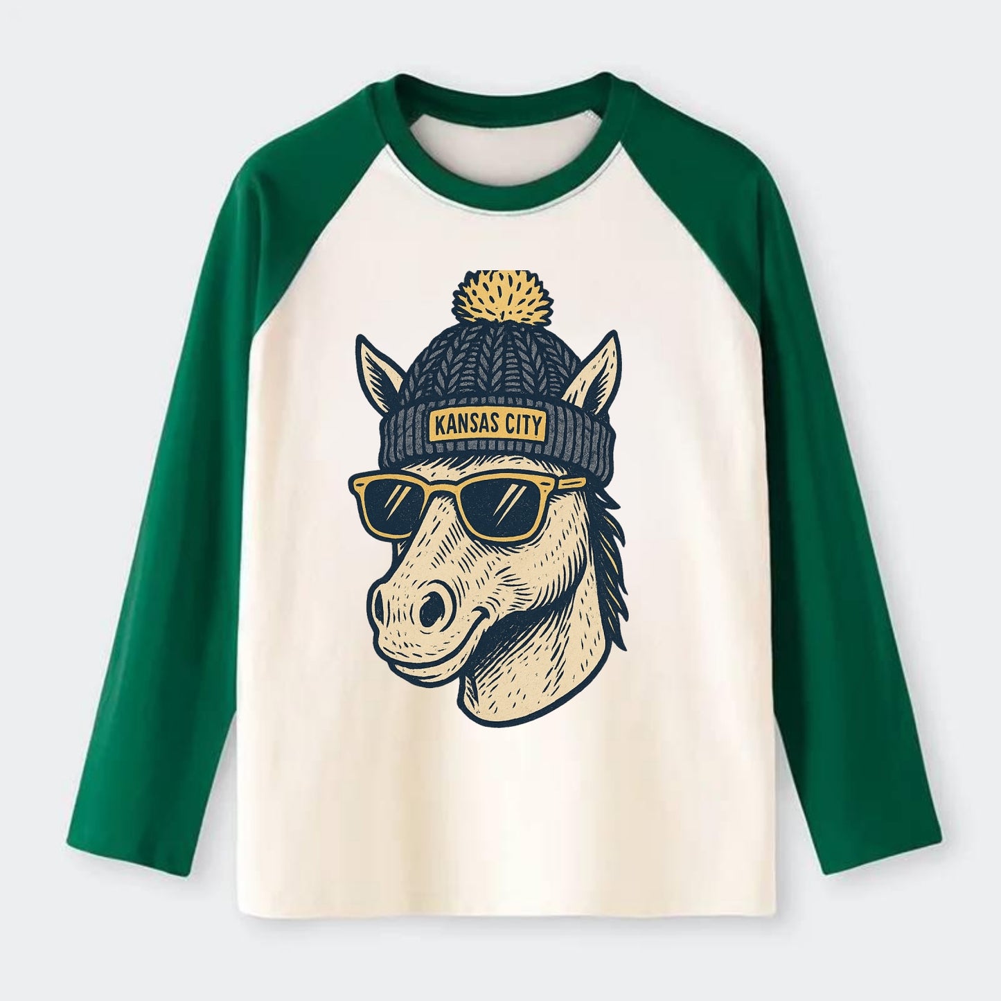 Missouri Mule wearing Kansas City beanie with pom pom and wayfarer - Raglan Long Sleeve T-Shirt - Green