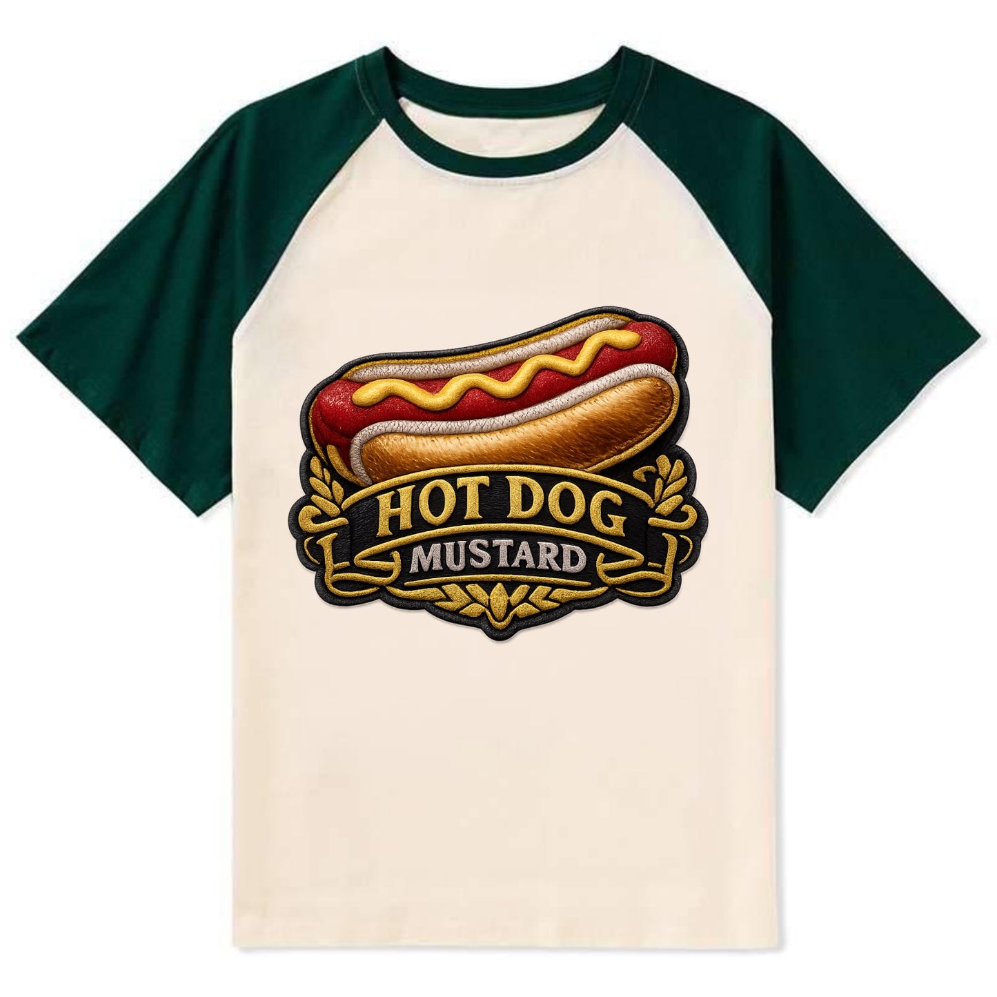 HOT DOG MUSTARD - classic hot dog in tan yellow red , ballpark food - Contrast Raglan T-shirt - Green