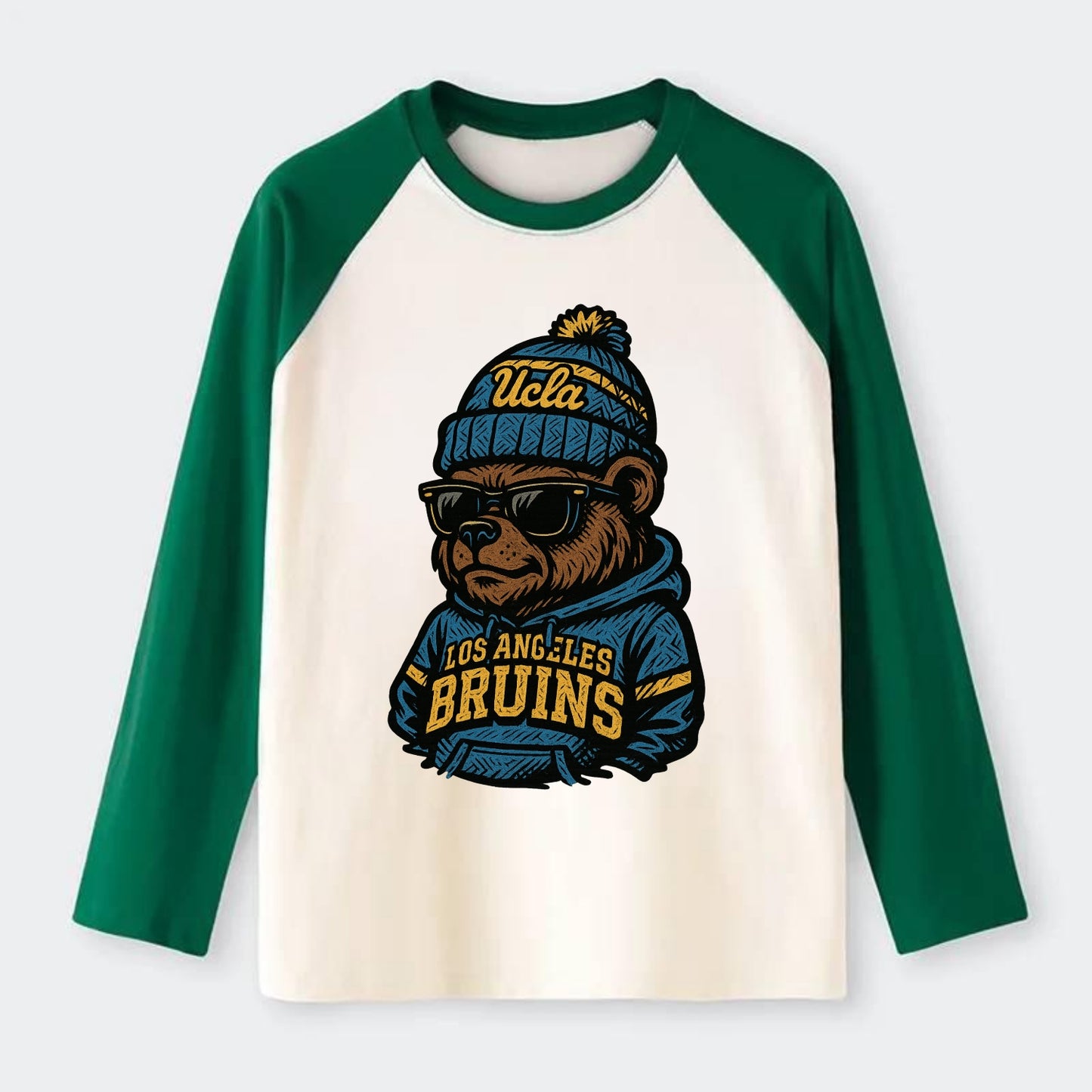 Los Angeles Bruin wearing UCLA beanie with script patch - Raglan Long Sleeve T-Shirt - Green