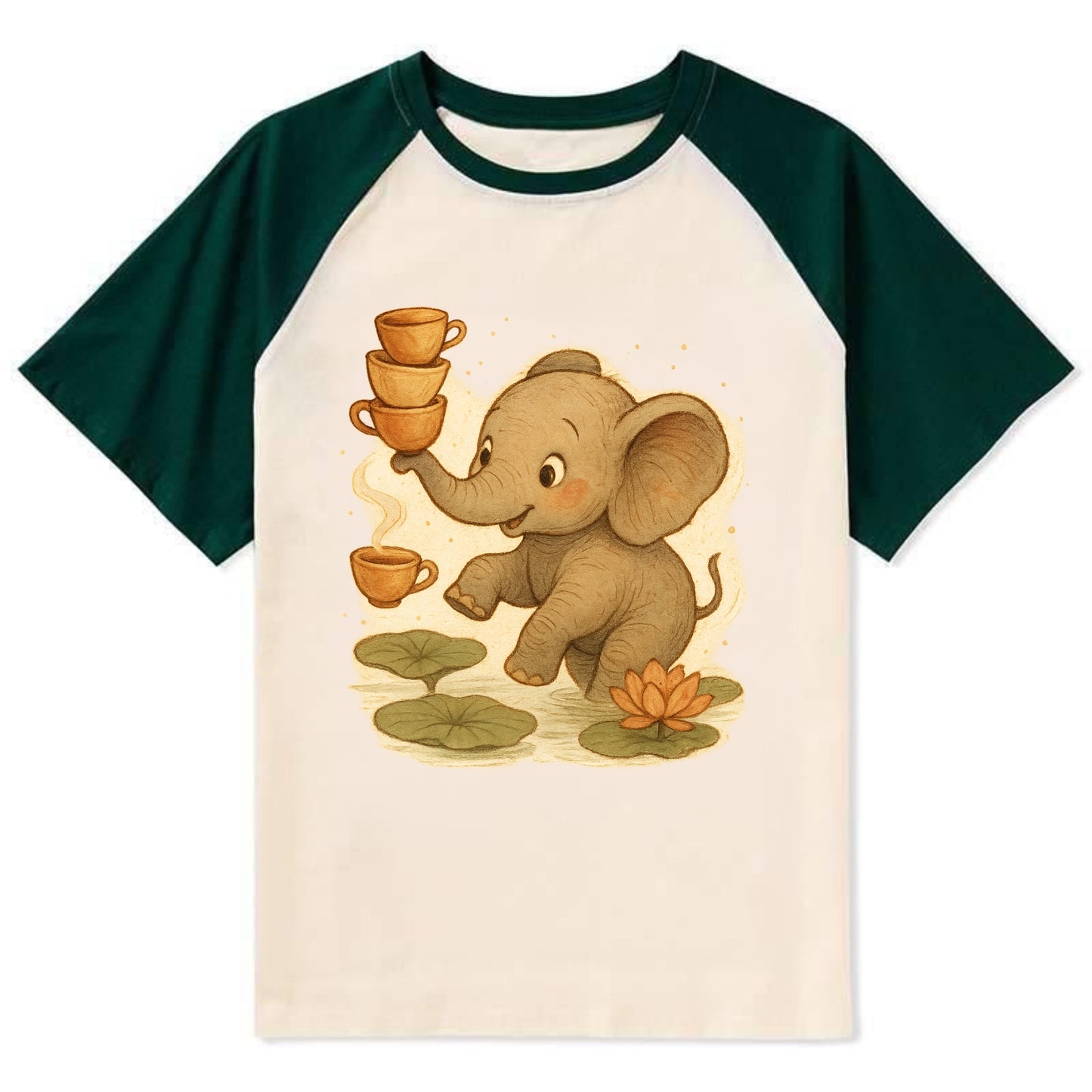 Elephant balancing teacups during a floating tea ceremony beside lotus - Contrast Raglan T-shirt - Green