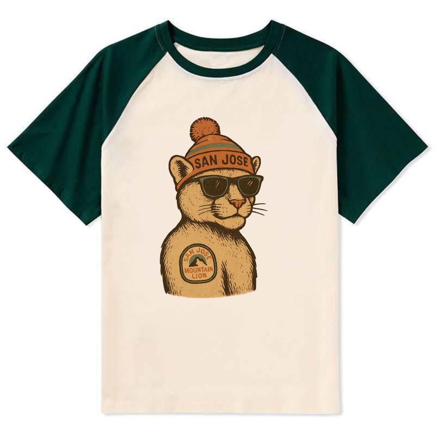 San Jose Mountain Lion wearing San Jose beanie with pom pom and wayfarer - Contrast Raglan T-shirt - Green