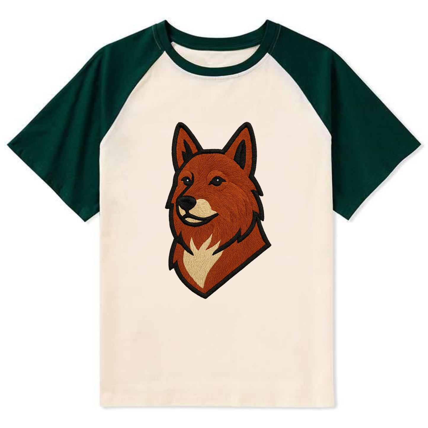 Finnish Spitz - Fox-red pointed ears embroidered pose - Contrast Raglan T-shirt - Green