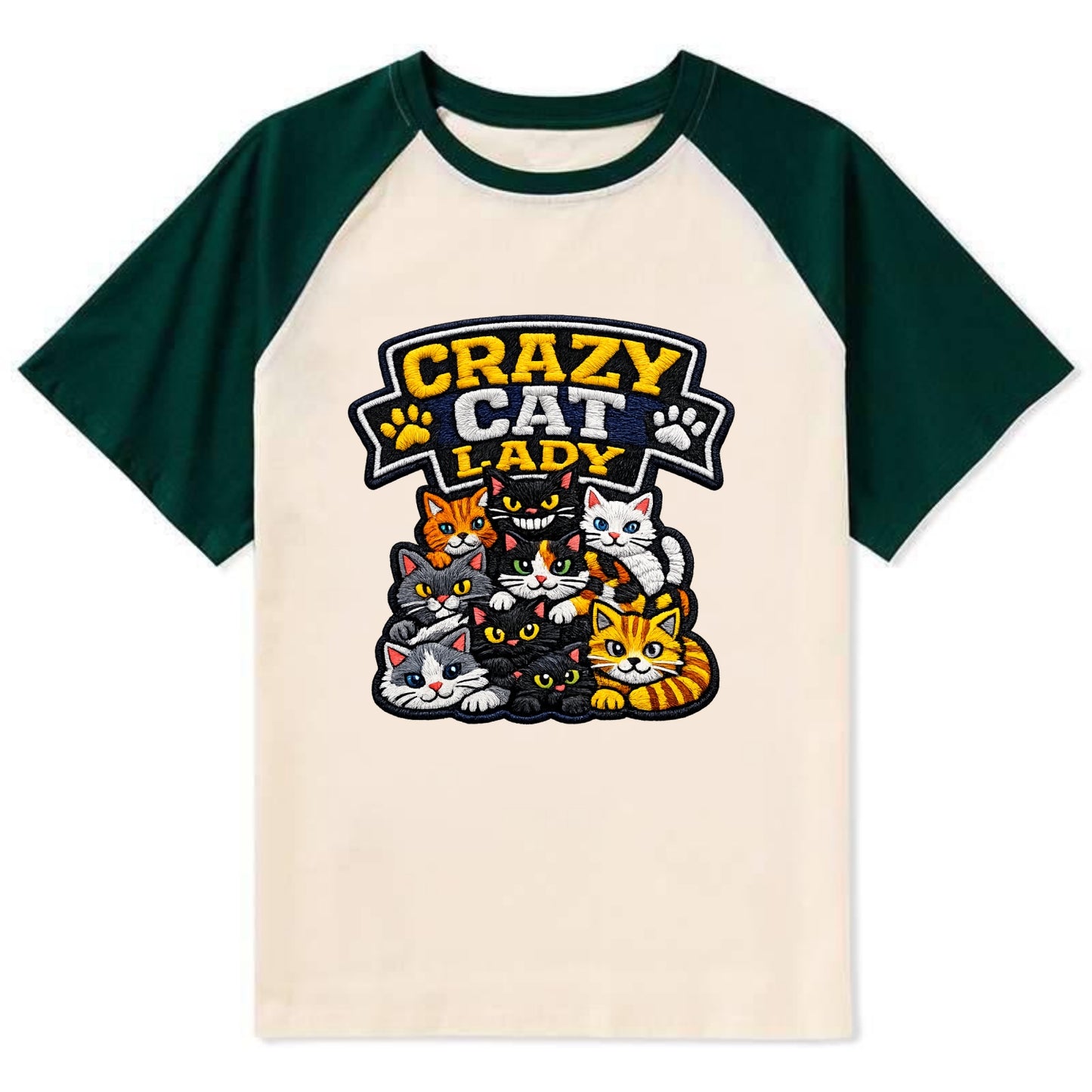 CRAZY CAT LADY - cat pile in multicolor , cat collector - Contrast Raglan T-shirt - Green