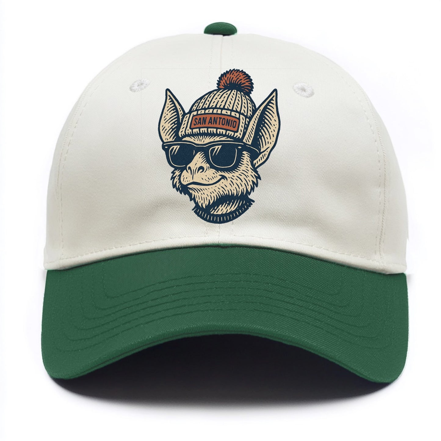 San Antonio Bat wearing San Antonio beanie with pom pom and wayfarer sunglasses - Two Tone Cap - Green