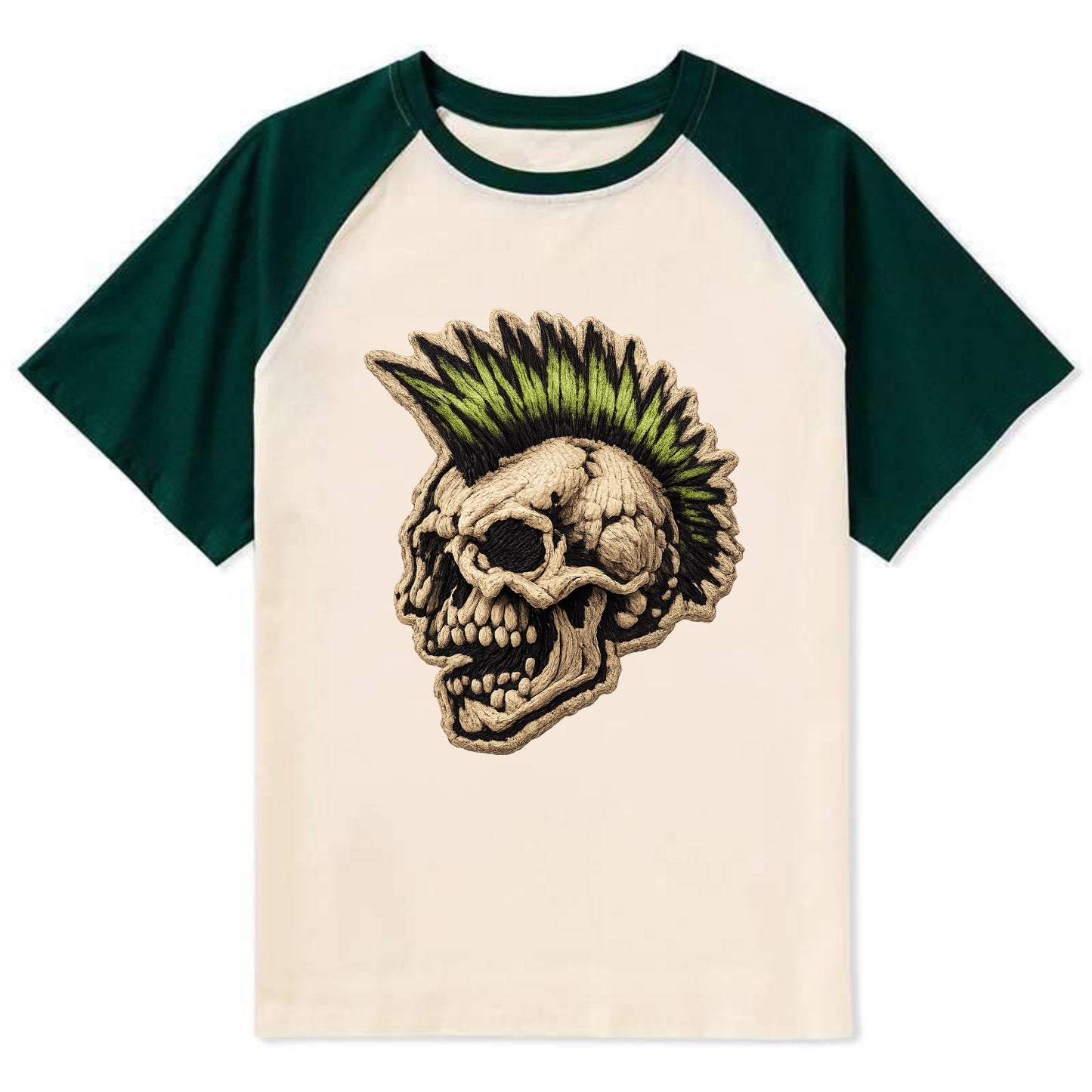 MOHAWK SKULL - punk skull with mohawk in neon green and black , punk rock - Contrast Raglan T-shirt - Green