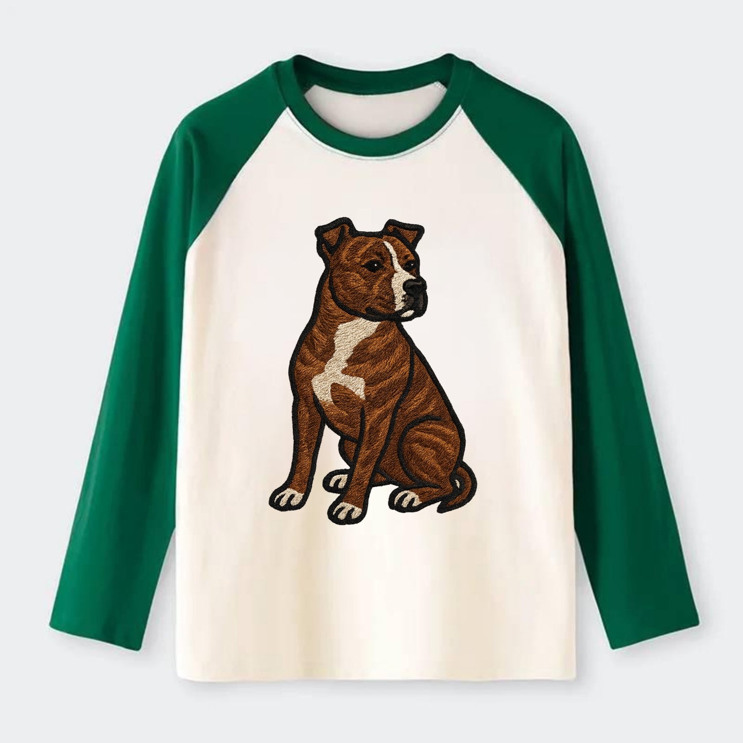 American Staffordshire Terrier - Brindle embroidered pose - Raglan Long Sleeve T-Shirt - Green