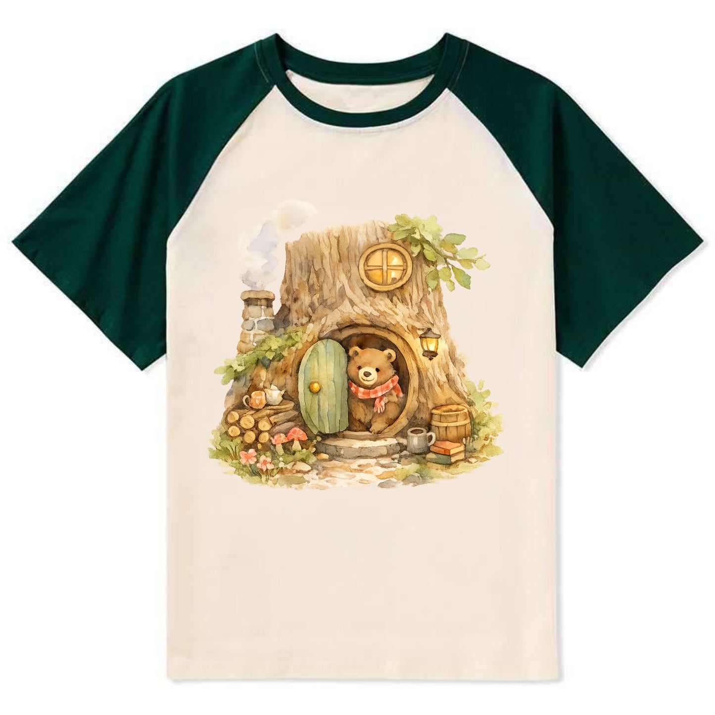 TREE HOME | Bear's home in hollow tree | Round door | Chimney smoke | - Contrast Raglan T-shirt - Green
