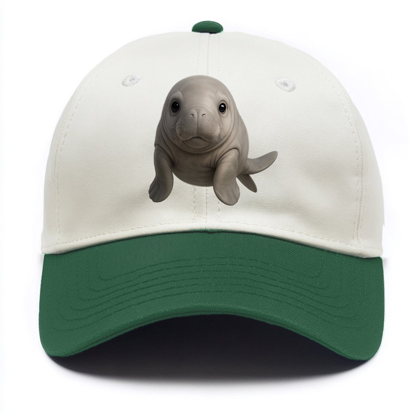 Baby Dugong - gray with paddle tail, gentle expression, whiskers, front-facing, sweet - Two Tone Cap - Green