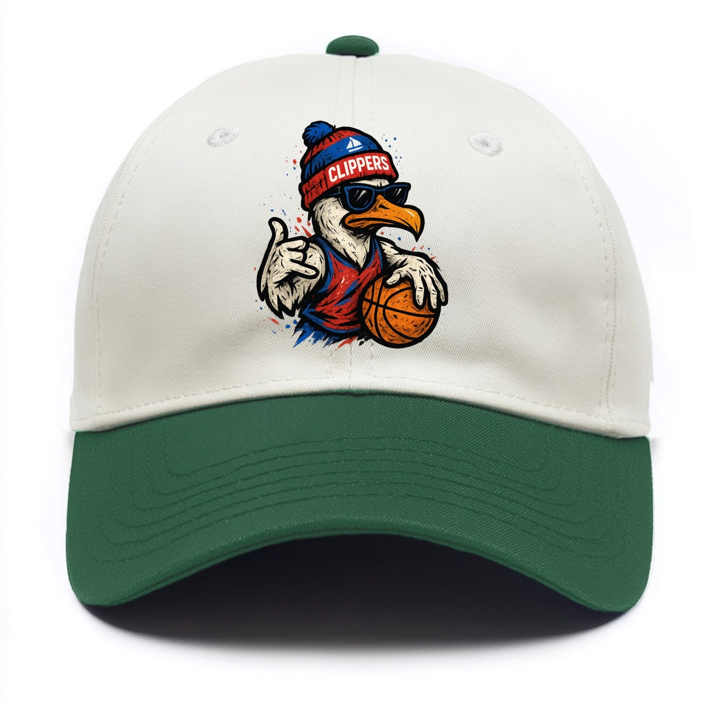 LA Seagull wearing Clippers red white and blue beanie with ship patch and wayfarer - Two Tone Cap - Green