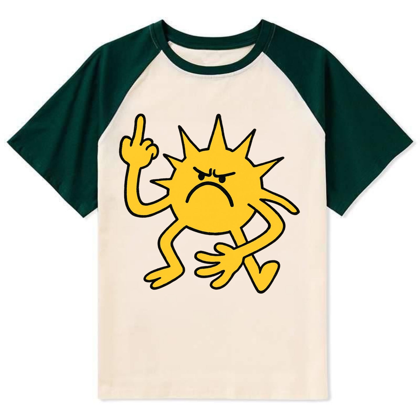 MORNINGS ARE PUNISHMENT | Grumpy sun with middle finger - Contrast Raglan T-shirt - Green
