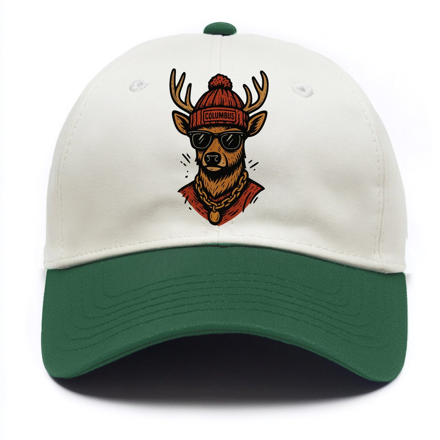 Columbus White-tailed Deer wearing Columbus beanie with pom pom and wayfarer - Two Tone Cap - Green
