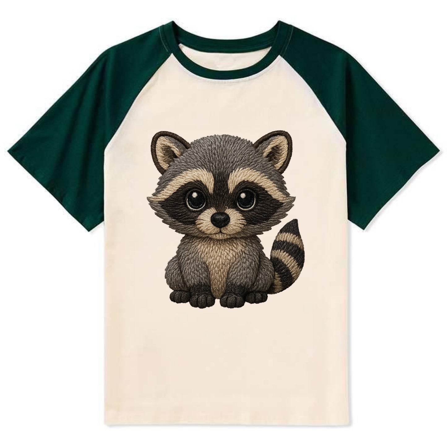 Baby Raccoon - gray fur, black mask, ringed tail, bright curious eyes, - Contrast Raglan T-shirt - Green
