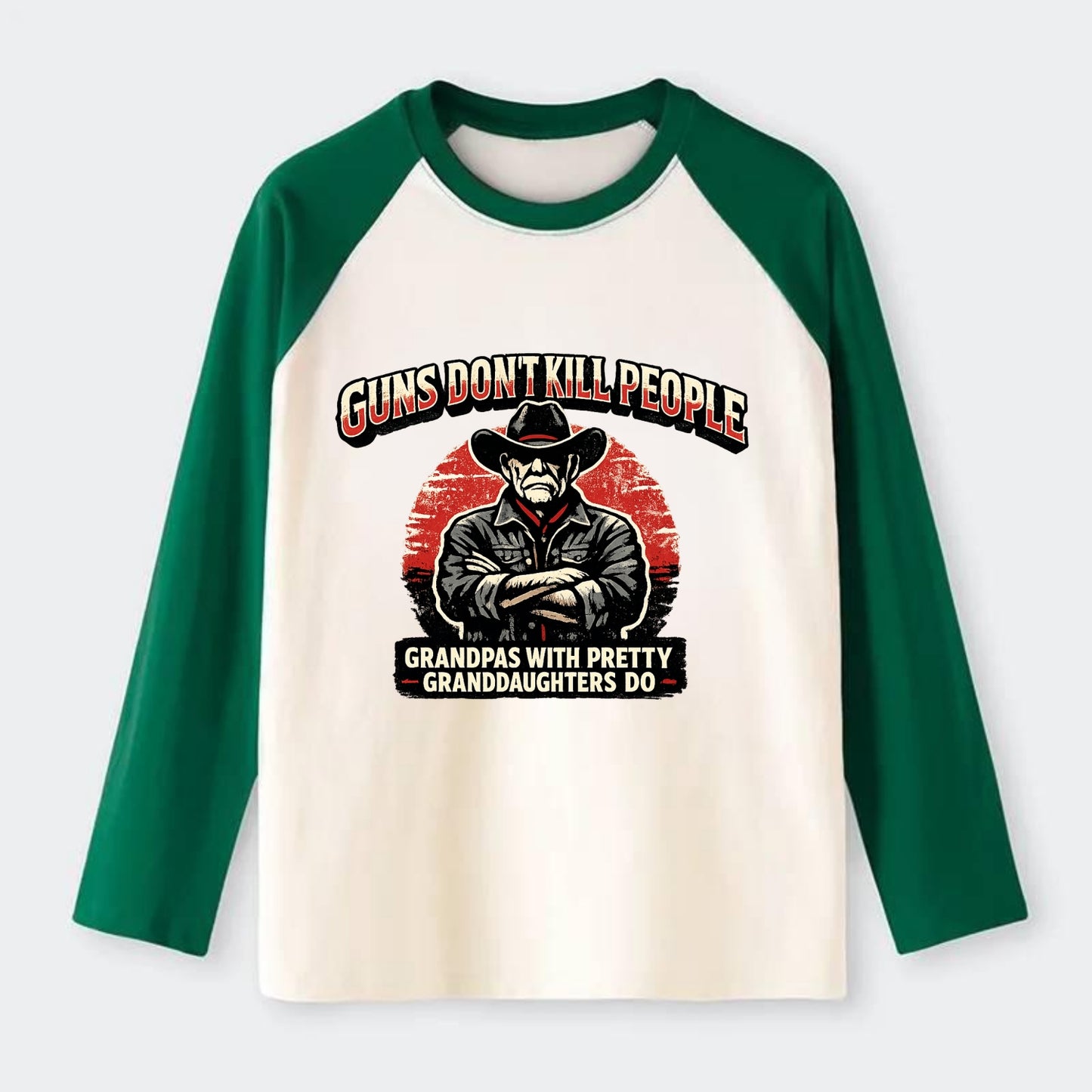 Grandpas Pretty Granddaughters - Cowboy - Raglan Long Sleeve T-Shirt - Green