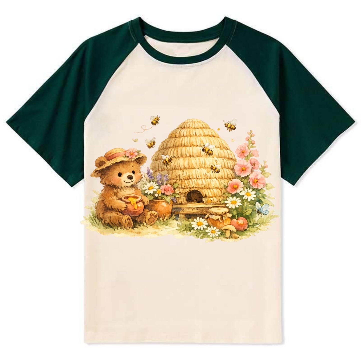 SKEP HIVE | Traditional straw beehive | Cottage garden setting | Buzzing - Contrast Raglan T-shirt - Green