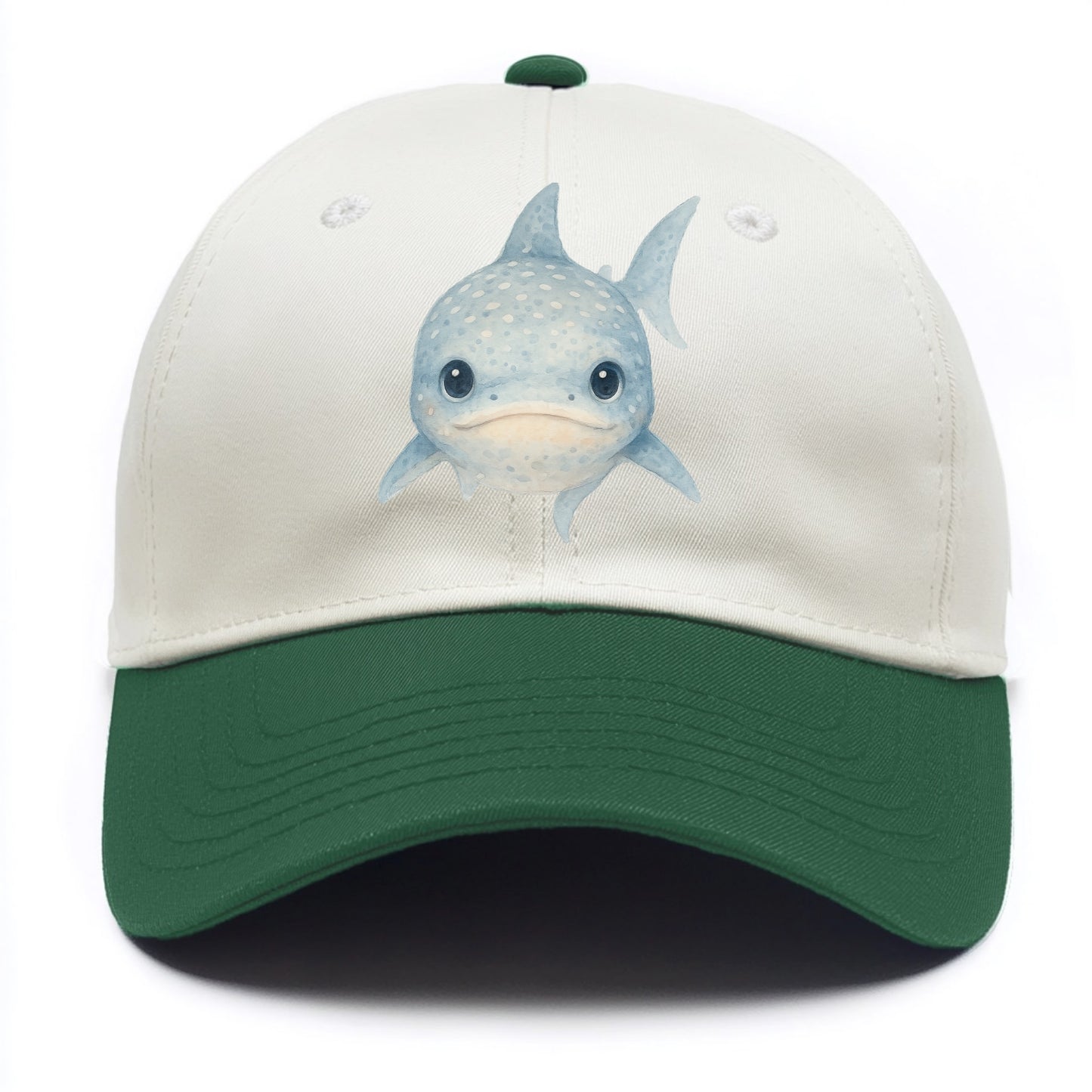 Baby Whale Shark - spotted blue-gray, wide mouth closed, tiny eyes, front-facing, - Two Tone Cap - Green