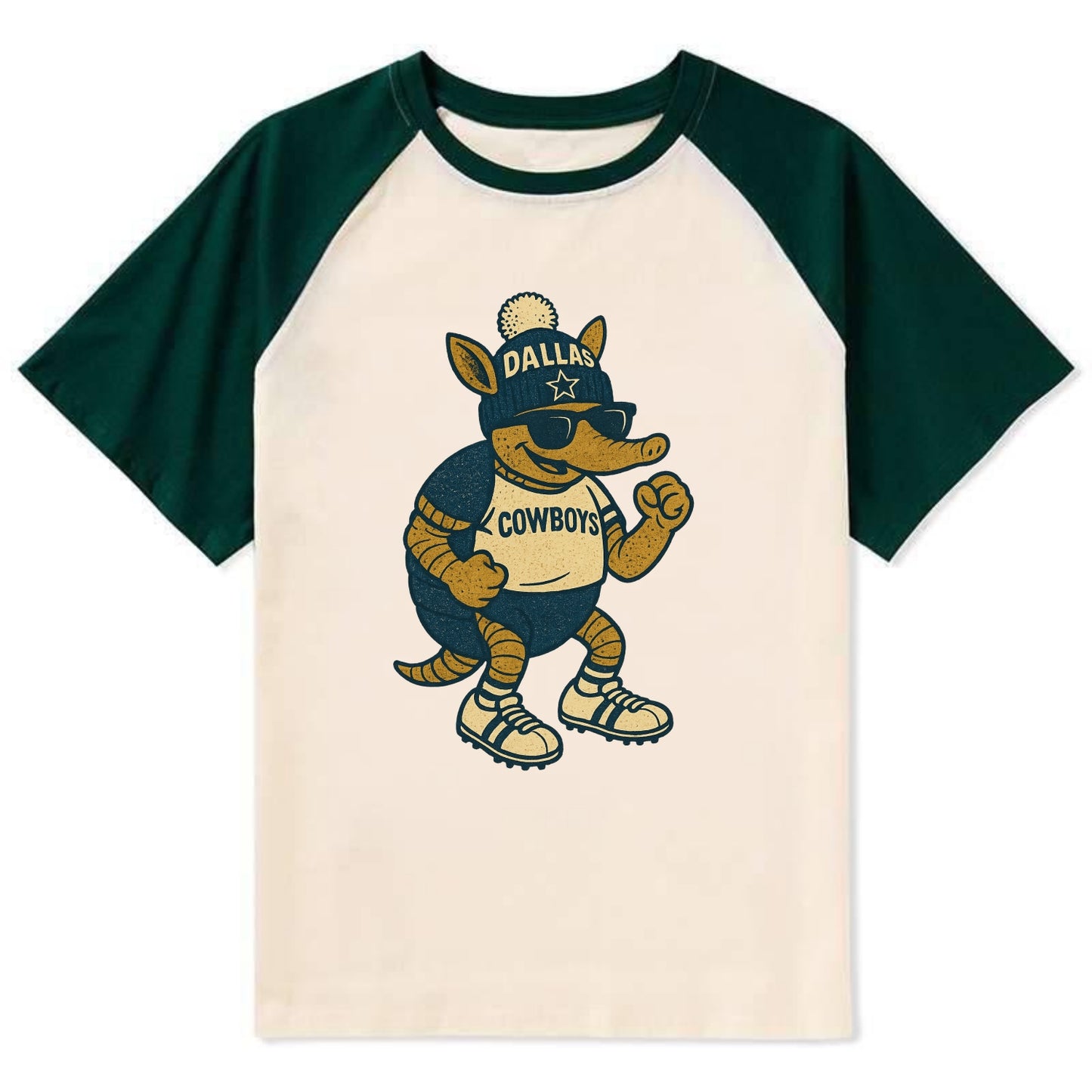 Dallas Armadillo wearing Cowboys beanie with lone star patch and wayfarer - Contrast Raglan T-shirt - Green
