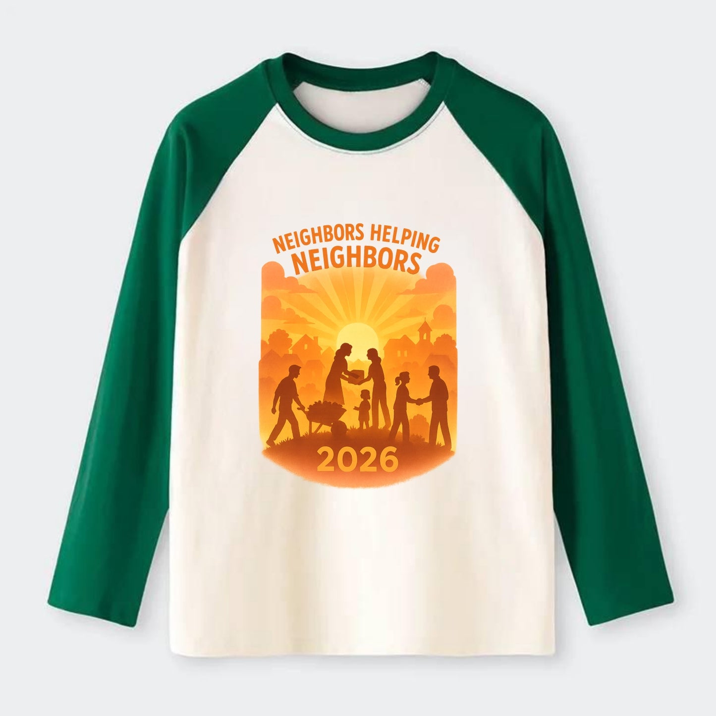 Local communities thriving with shared resources - "Neighbors Helping - Raglan Long Sleeve T-Shirt - Green