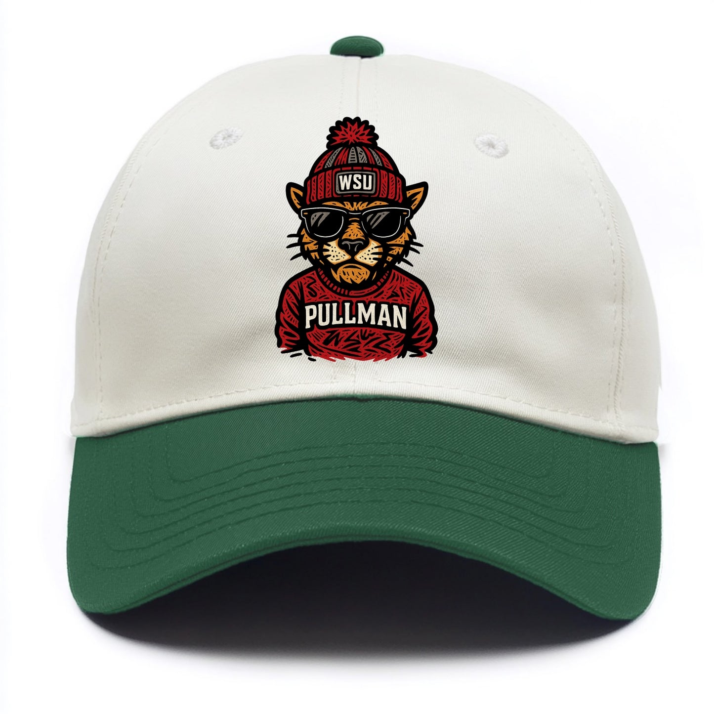Pullman Cougar wearing Washington State beanie with WSU patch - Two Tone Cap - Green