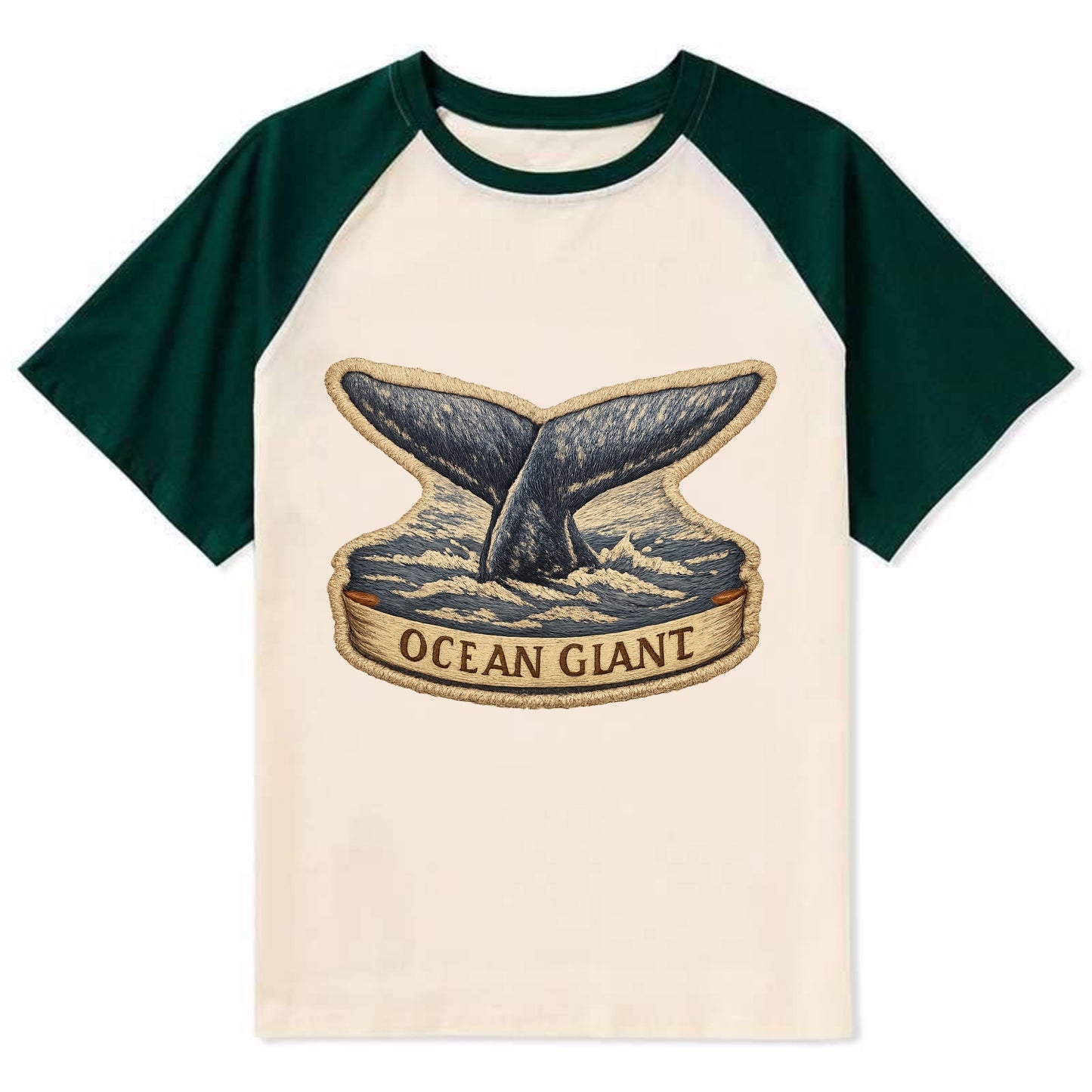 WHALE TAIL - diving whale in blue and gray , ocean giant - Contrast Raglan T-shirt - Green