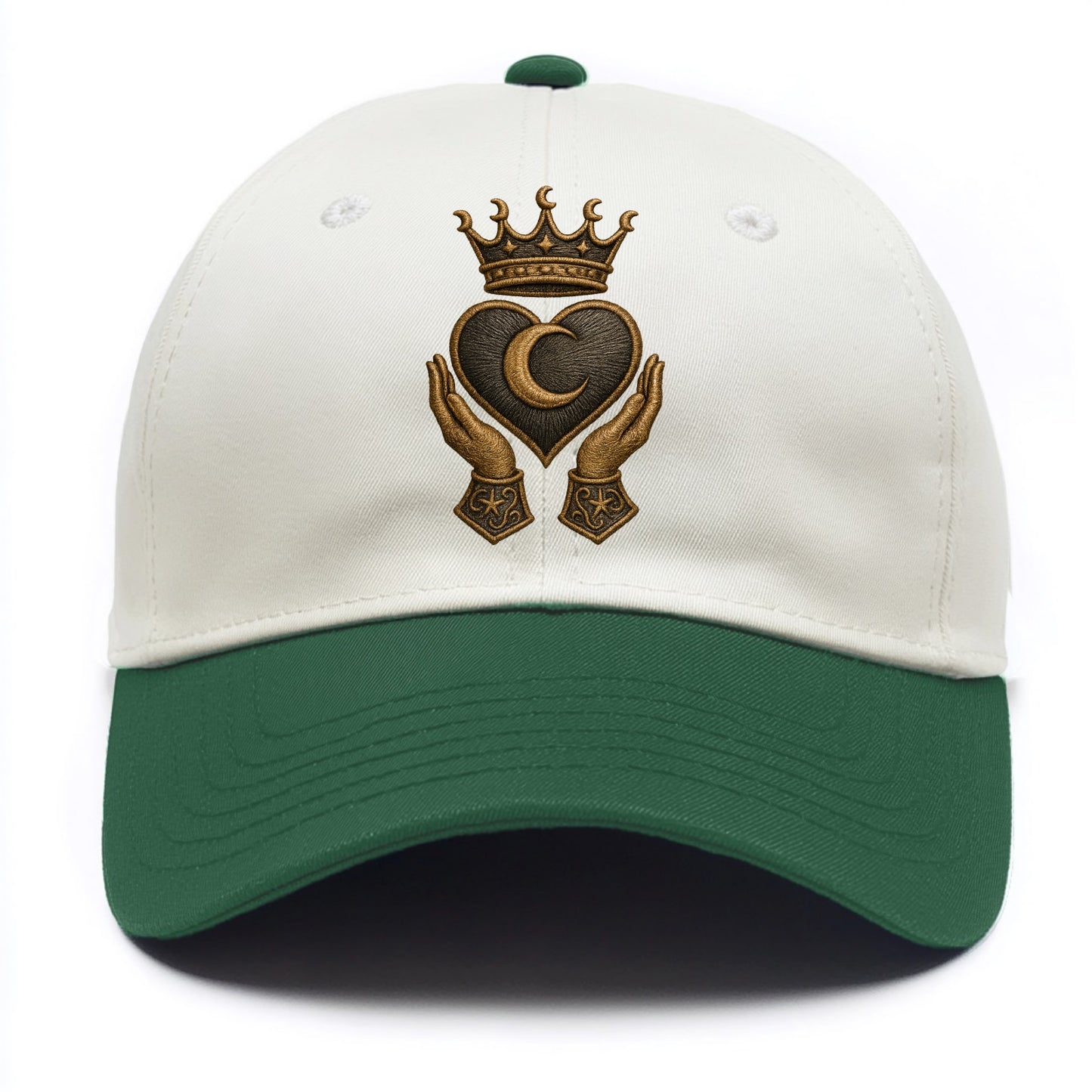 Moonlit crescent crown cradling a hematite heart with stargazer hands cupped beneath. - Two Tone Cap - Green