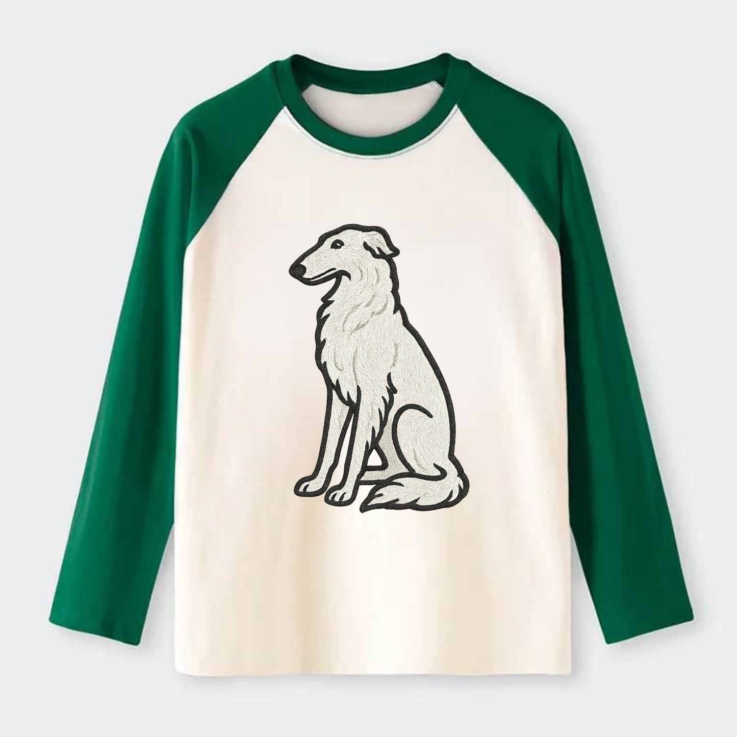 Borzoi - White embroidered sitting pose - Raglan Long Sleeve T-Shirt - Green
