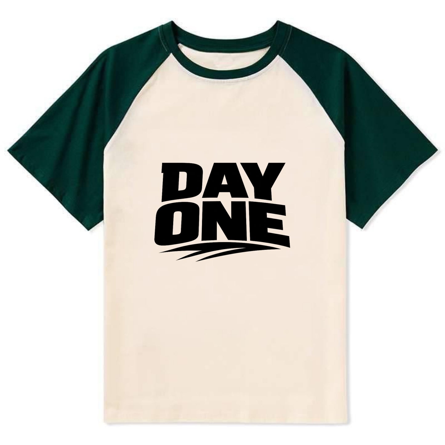 Bold typography design - "DAY ONE" - original friend, from the start - Contrast Raglan T-shirt - Green