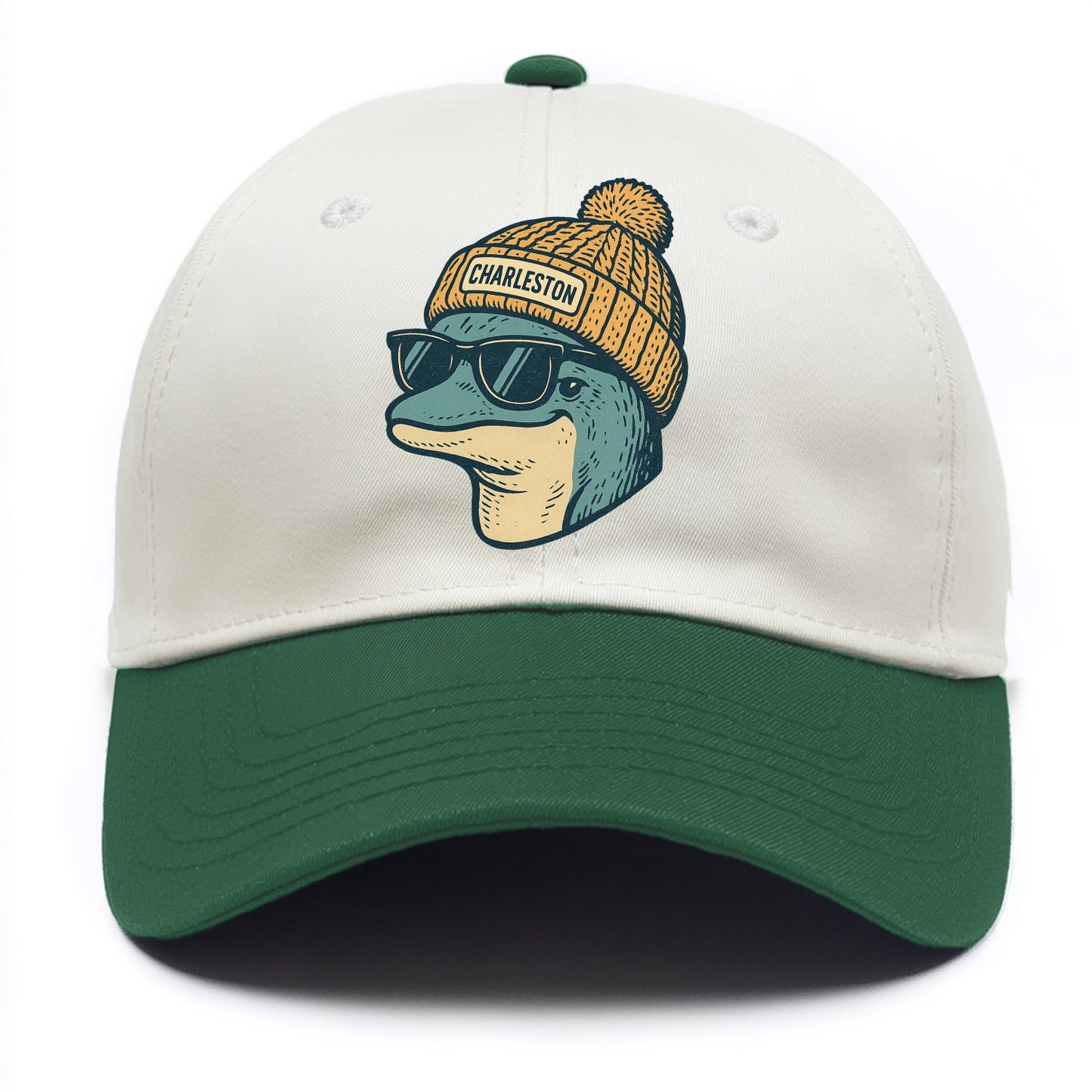 Charleston Dolphin wearing Charleston beanie with pom pom and wayfarer sunglasses - Two Tone Cap - Green
