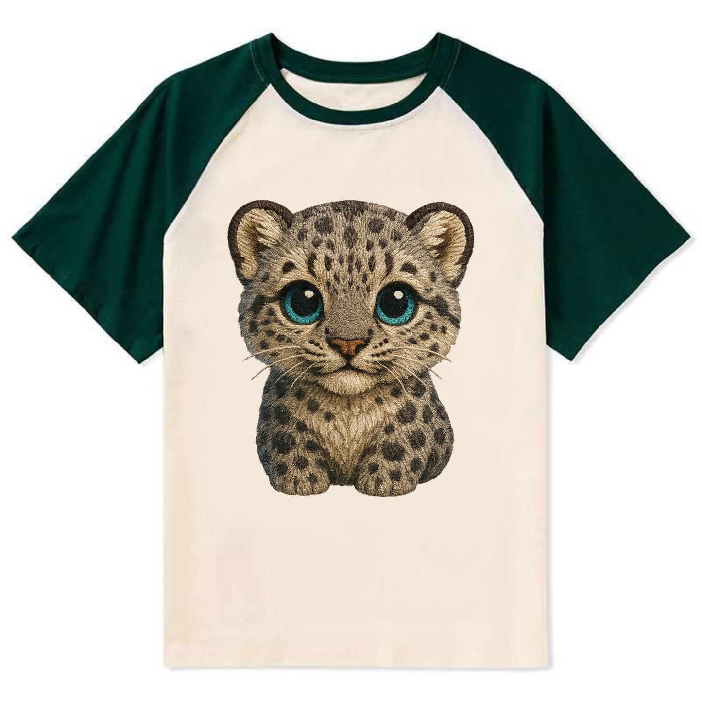 Baby Snow Leopard Cub - gray spotted, thick fur, blue-green eyes, - Contrast Raglan T-shirt - Green