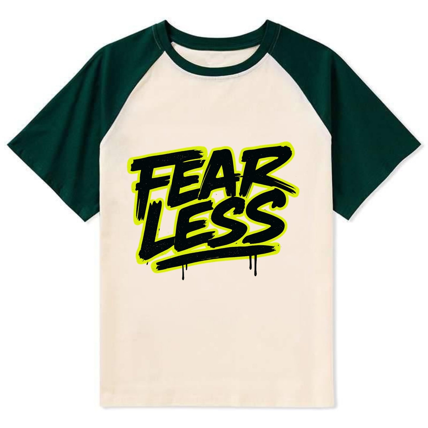 Bold typography design - "FEARLESS" - courage, bravery, facing challenges - Contrast Raglan T-shirt - Green