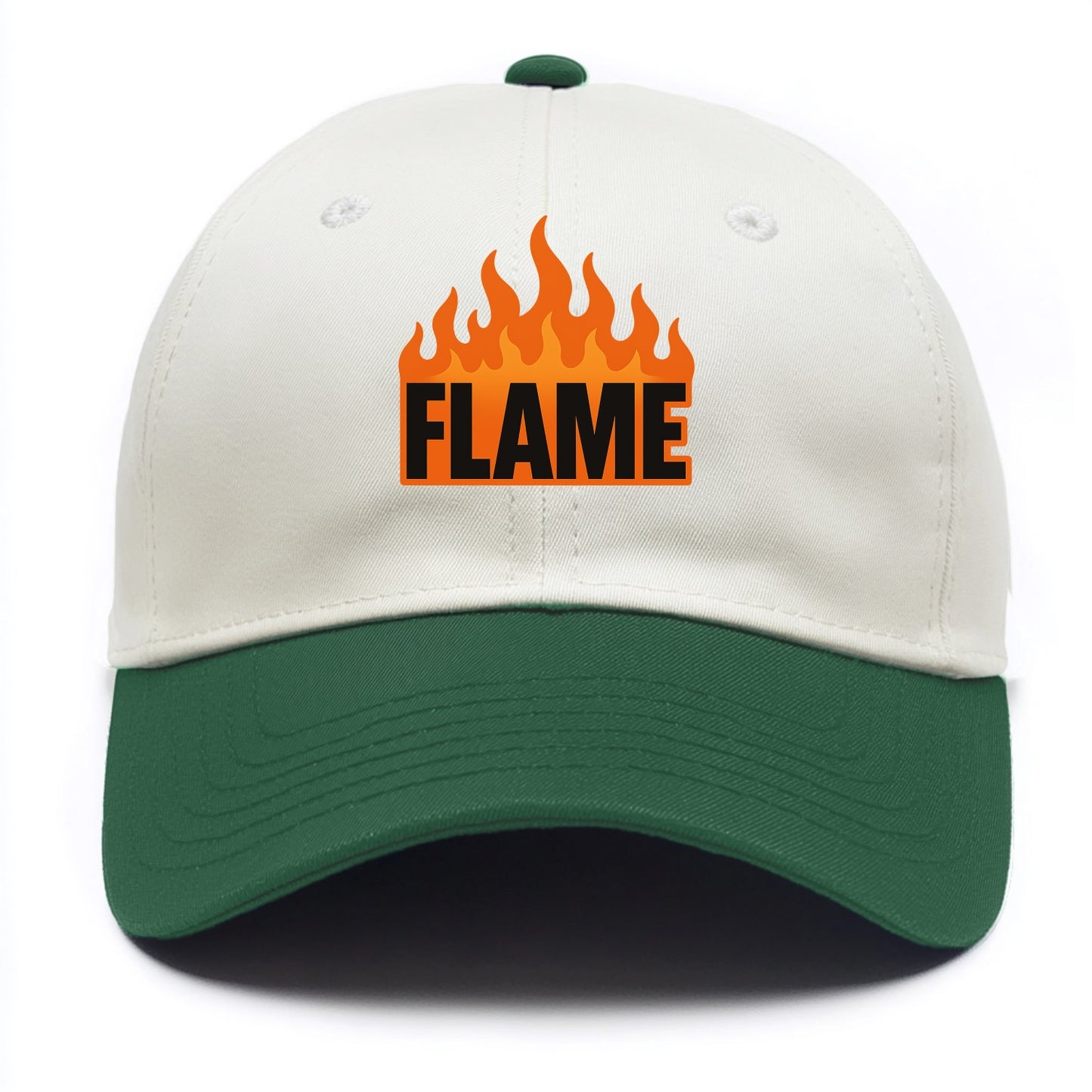 Bold typography design - "FLAME" - burning bright, passionate - Two Tone Cap - Green