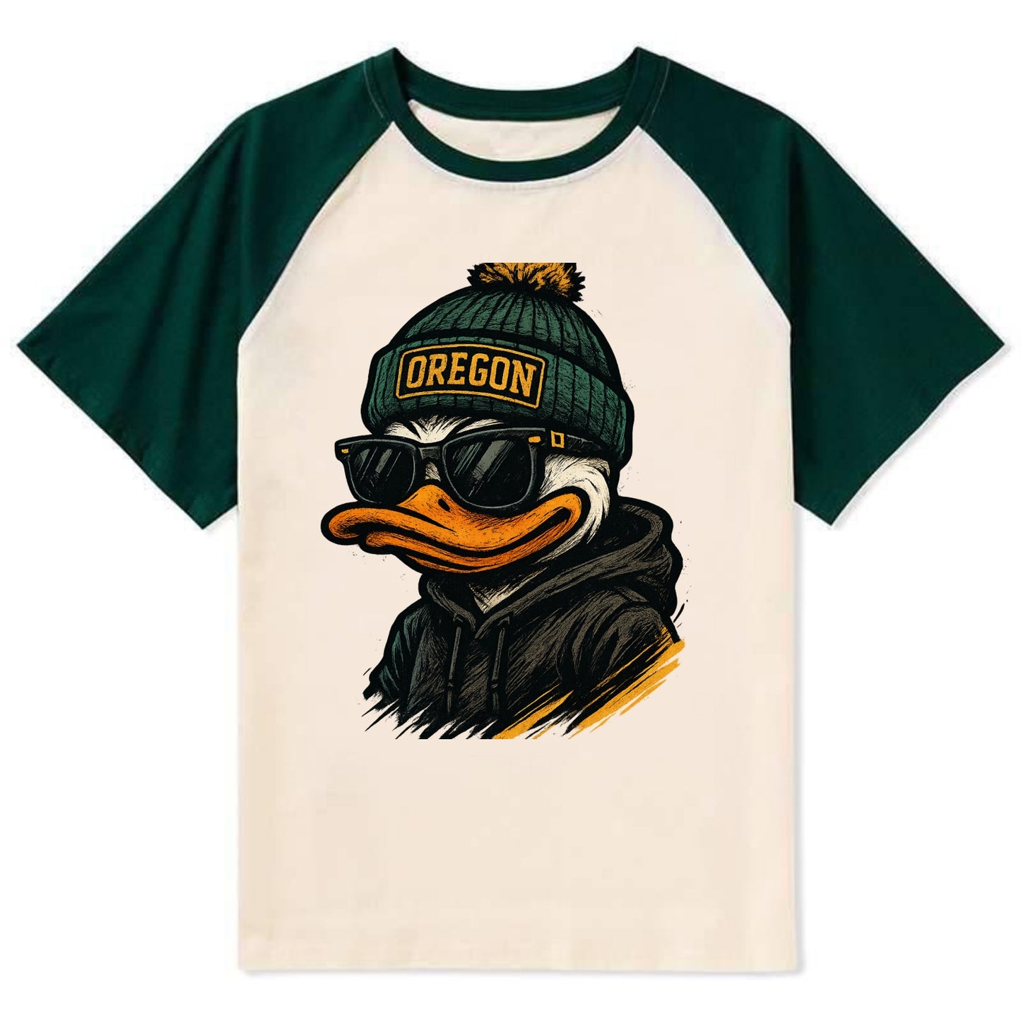 Eugene Duck wearing Oregon beanie with O patch - Contrast Raglan T-shirt - Green