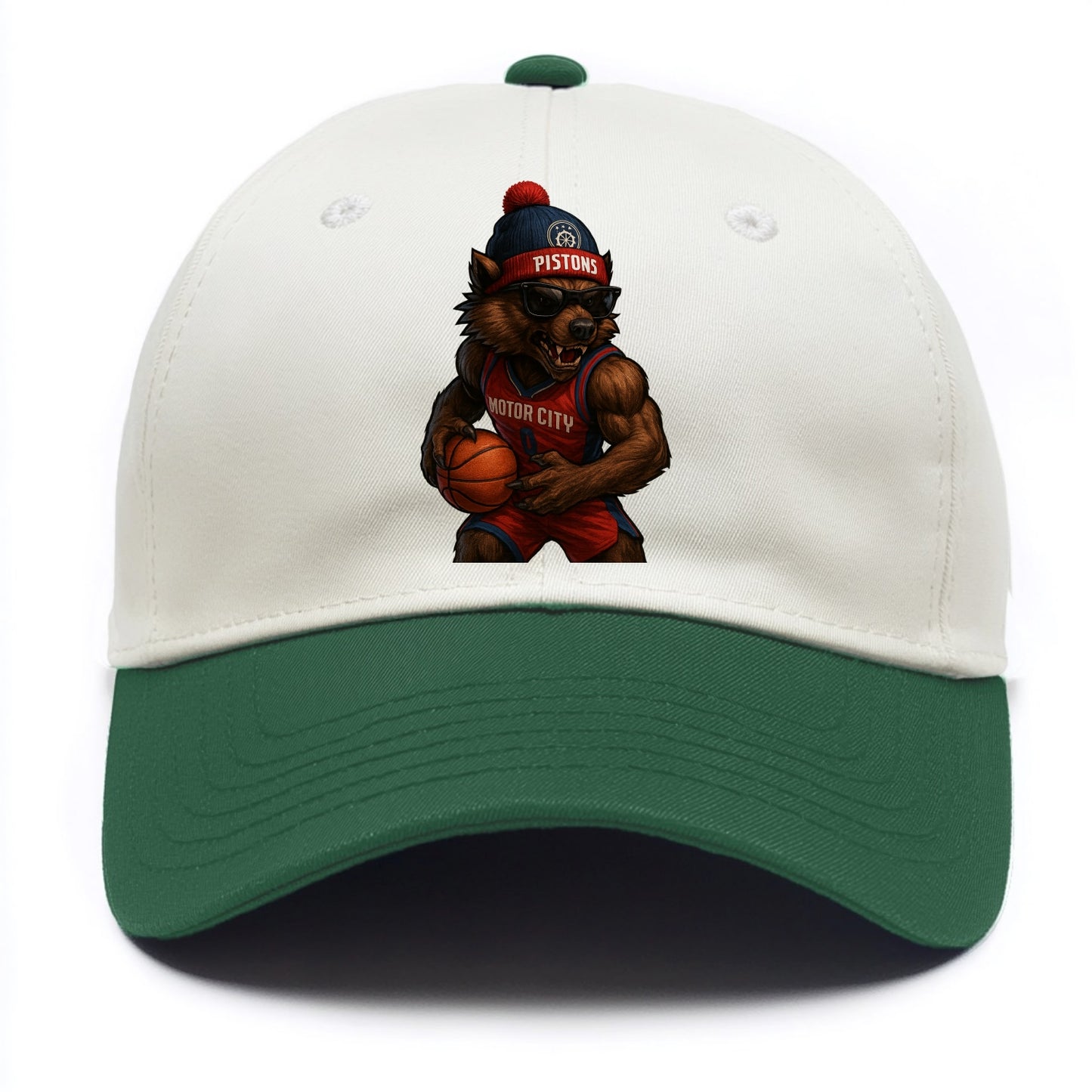 Motor City Wolverine wearing Pistons beanie with gear patch and wayfarer sunglasses - Two Tone Cap - Green