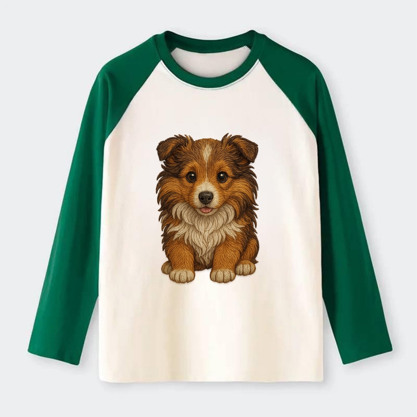 Baby Shetland Sheepdog Puppy - mini collie look, flowing mane, - Raglan Long Sleeve T-Shirt - Green