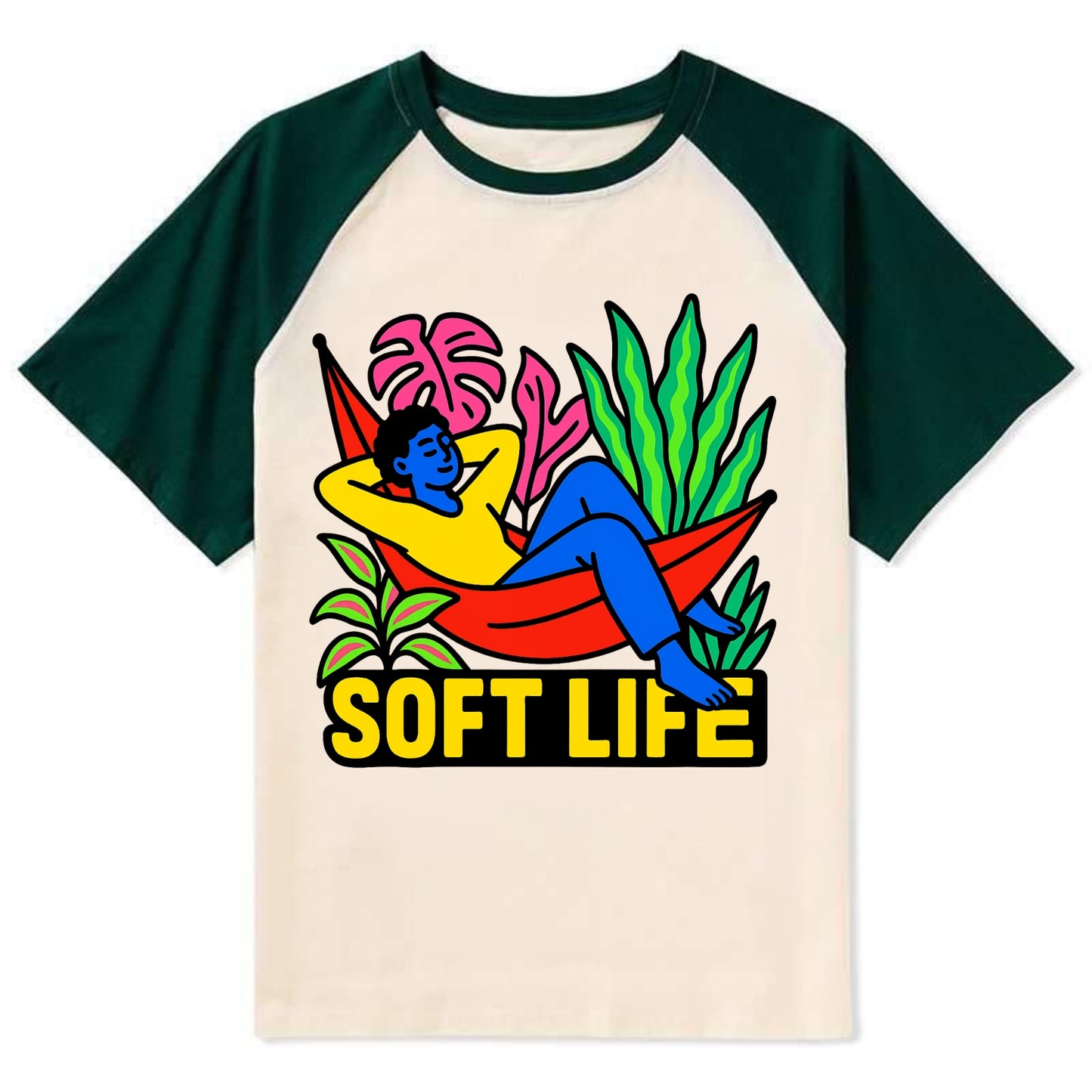 Person relaxing in hammock with plants - "soft life" aesthetic, peaceful - Contrast Raglan T-shirt - Green
