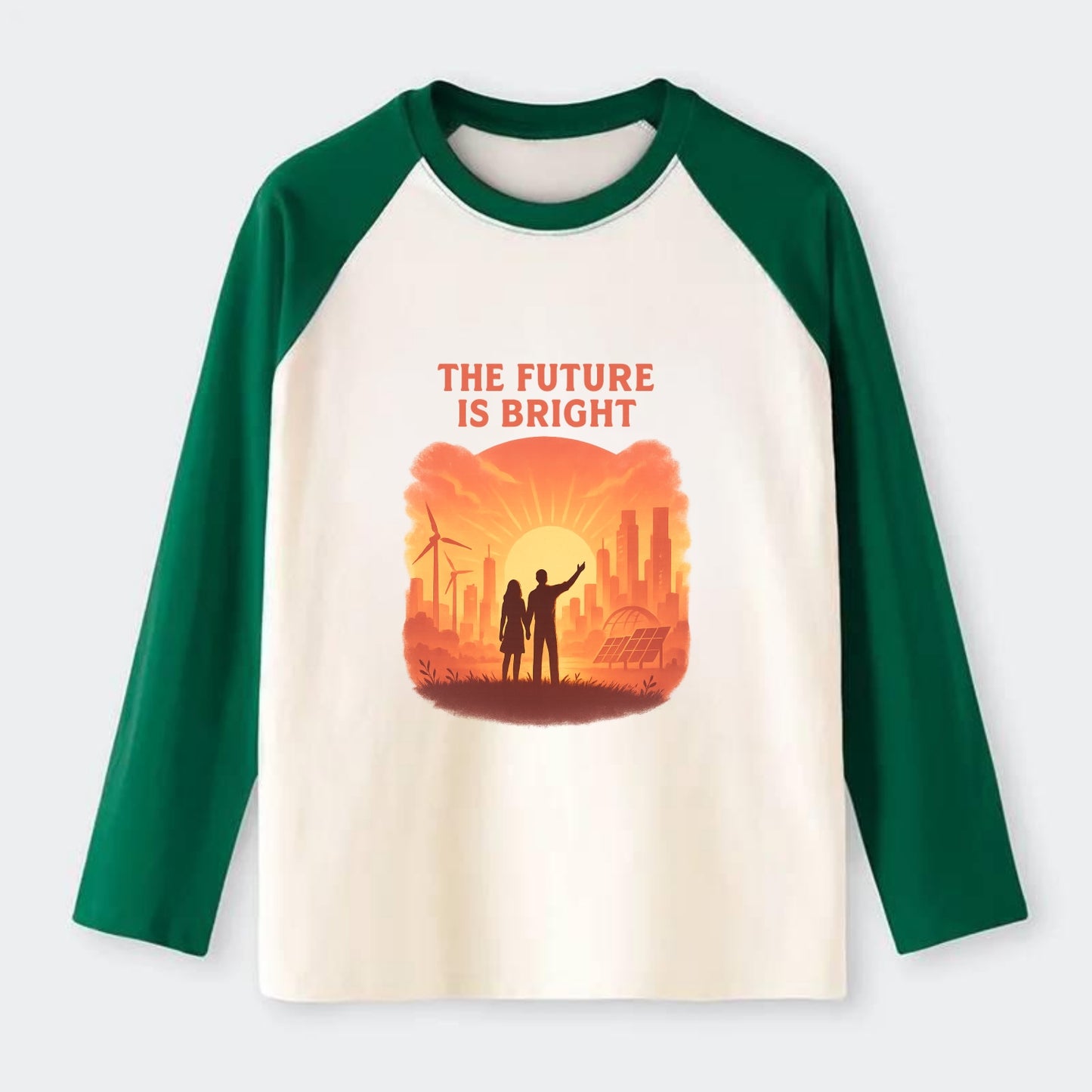 Sunrise over thriving sustainable city - "The Future is Bright" - - Raglan Long Sleeve T-Shirt - Green