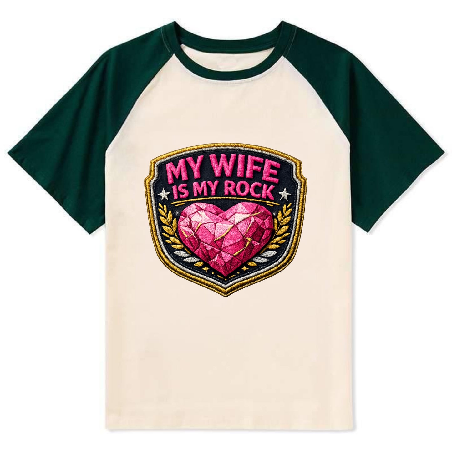 MY WIFE IS MY ROCK - pink rock heart - pink - solid wife - Contrast Raglan T-shirt - Green