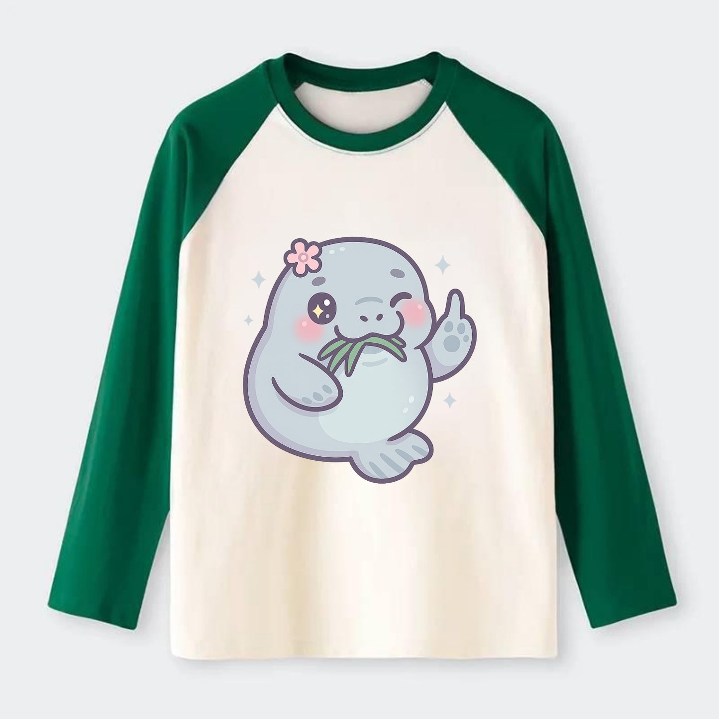 chubby manatee munching on seagrass, one flipper raised with sass - Raglan Long Sleeve T-Shirt - Green