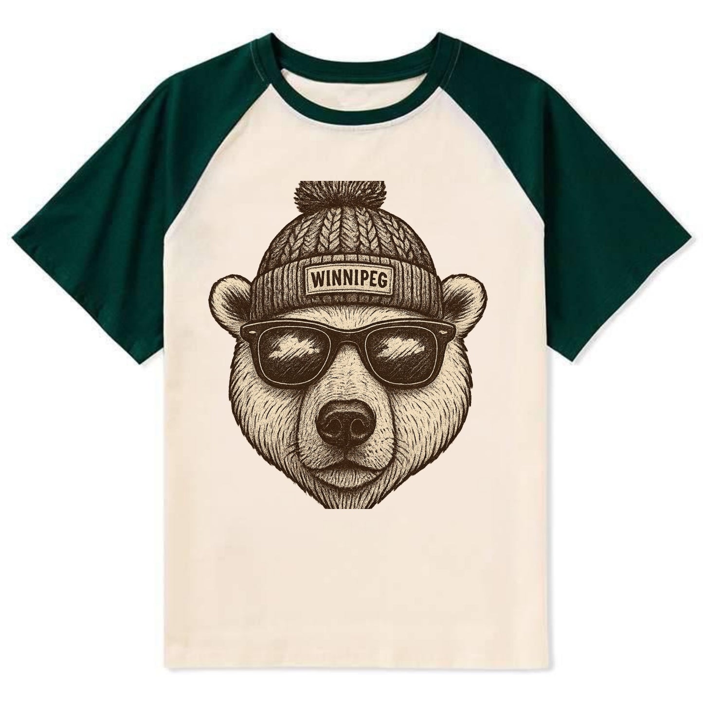 Winnipeg Polar Bear wearing Winnipeg beanie with pom pom and wayfarer - Contrast Raglan T-shirt - Green