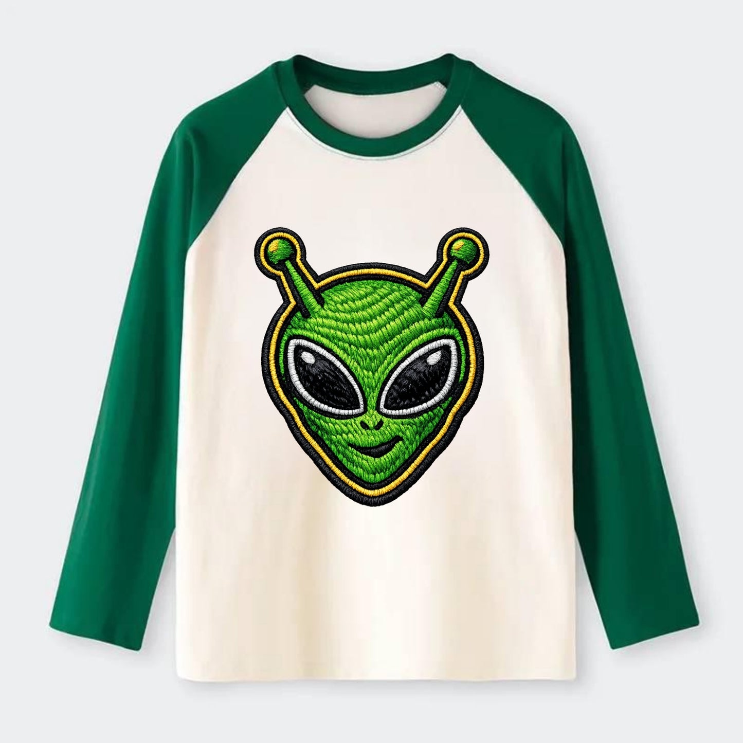 ALIEN MARTIAN - green alien with antenna in green , little green man - Raglan Long Sleeve T-Shirt - Green