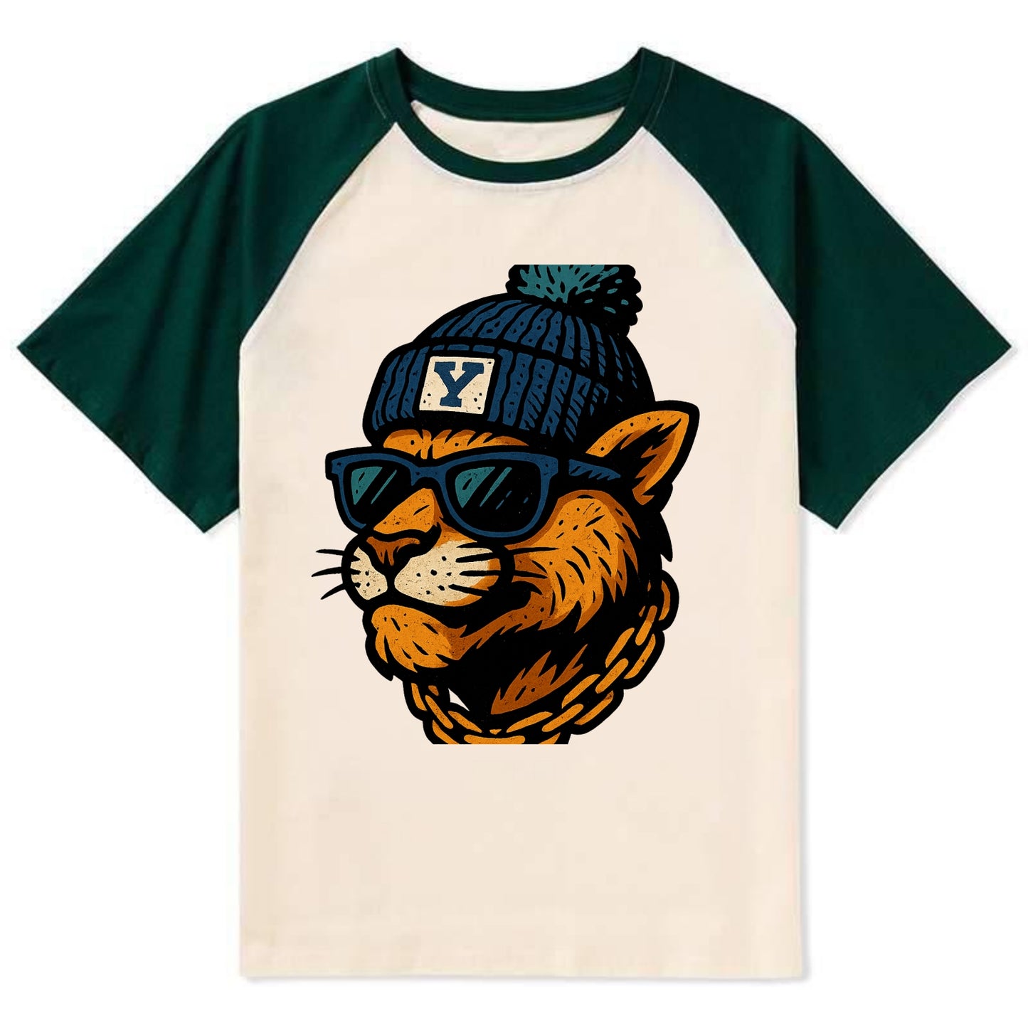 Provo Cougar wearing BYU beanie with Y patch - Contrast Raglan T-shirt - Green