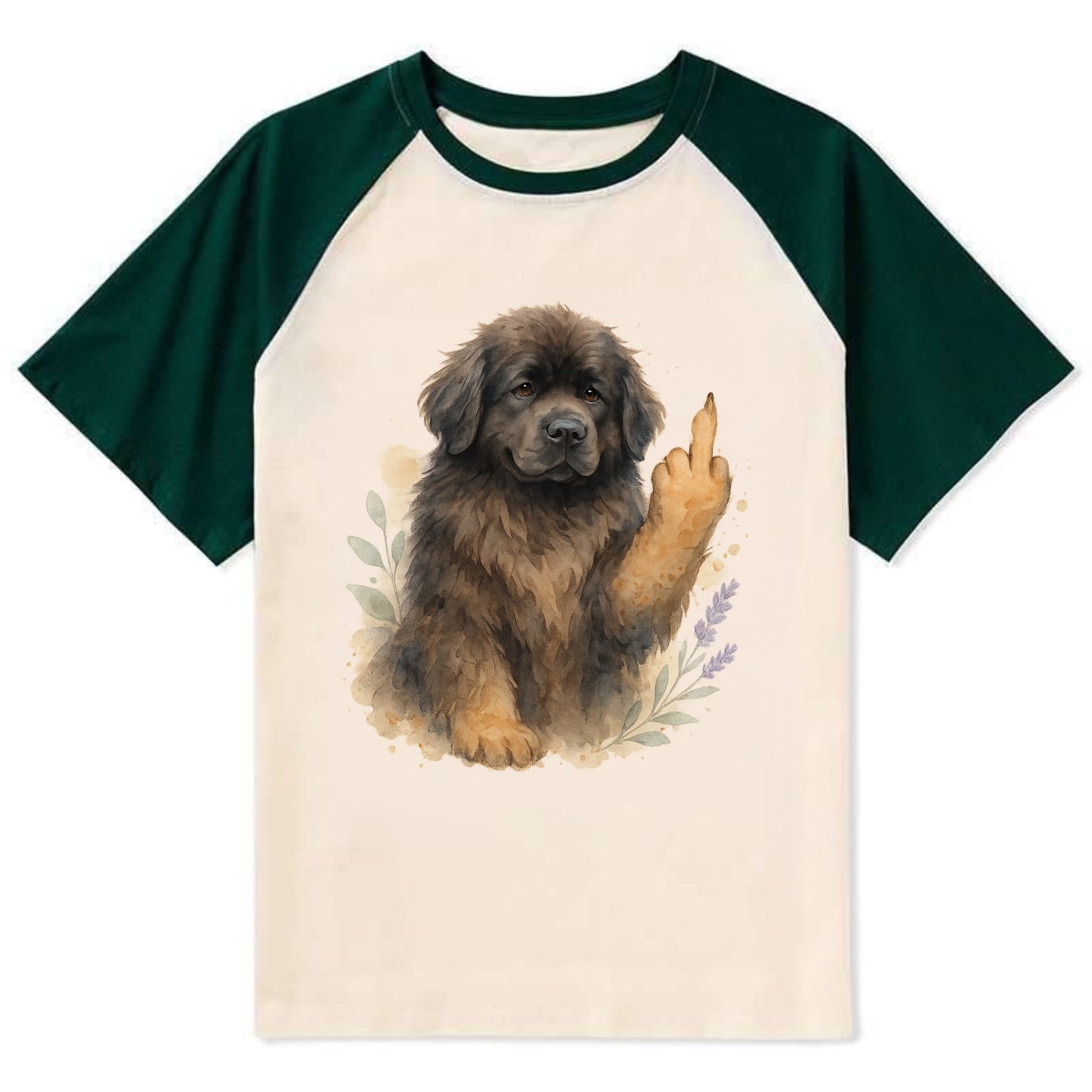 Newfoundland fluffy bear-like with webbed paws, massive gentle paw up - Contrast Raglan T-shirt - Green