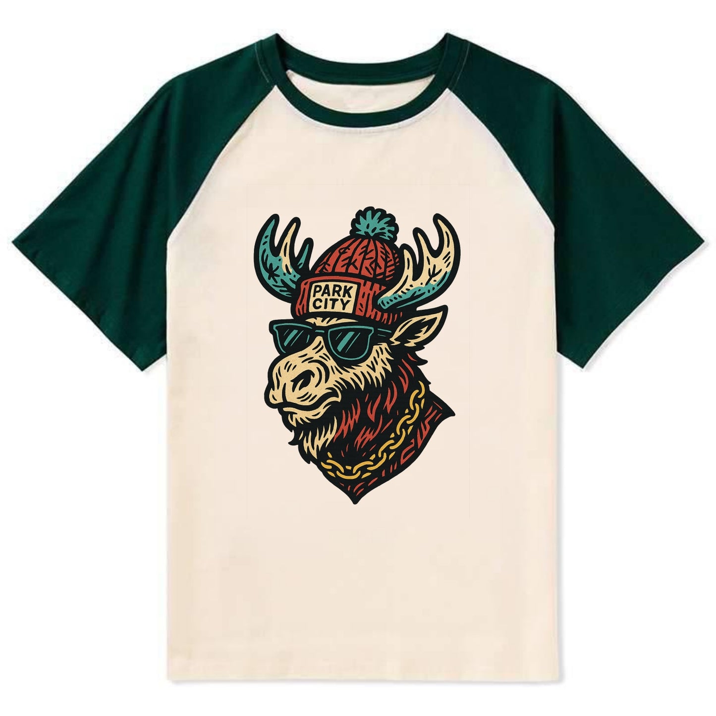 Park City Moose wearing Park City beanie with pom pom and wayfarer - Contrast Raglan T-shirt - Green