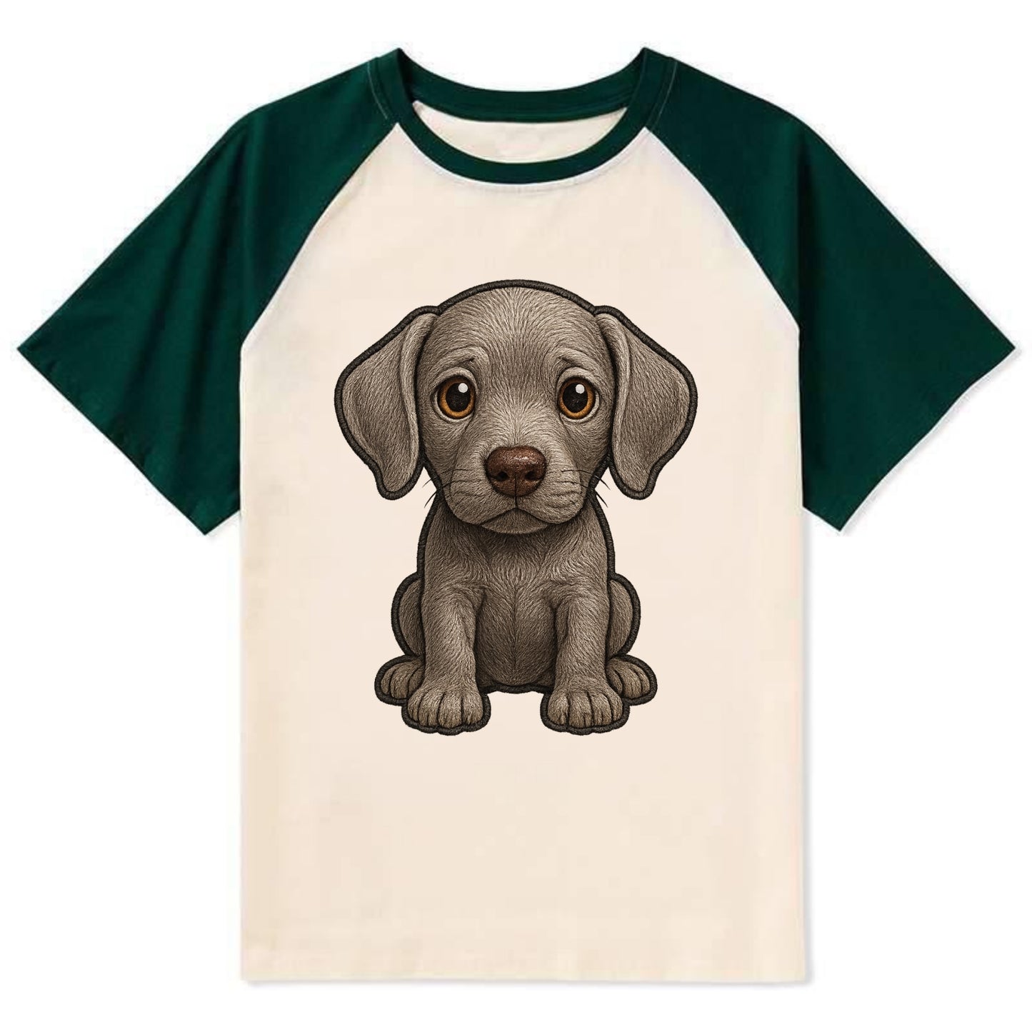 Baby Weimaraner Puppy - silver-gray coat, amber eyes, sleek body, - Contrast Raglan T-shirt - Green