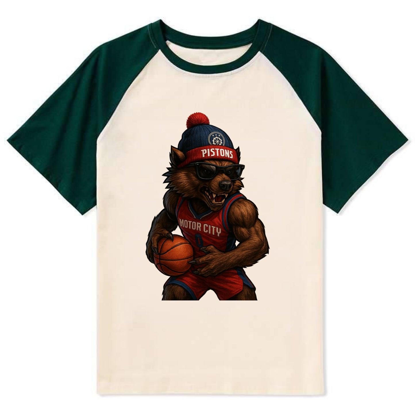 Motor City Wolverine wearing Pistons beanie with gear patch and wayfarer - Contrast Raglan T-shirt - Green