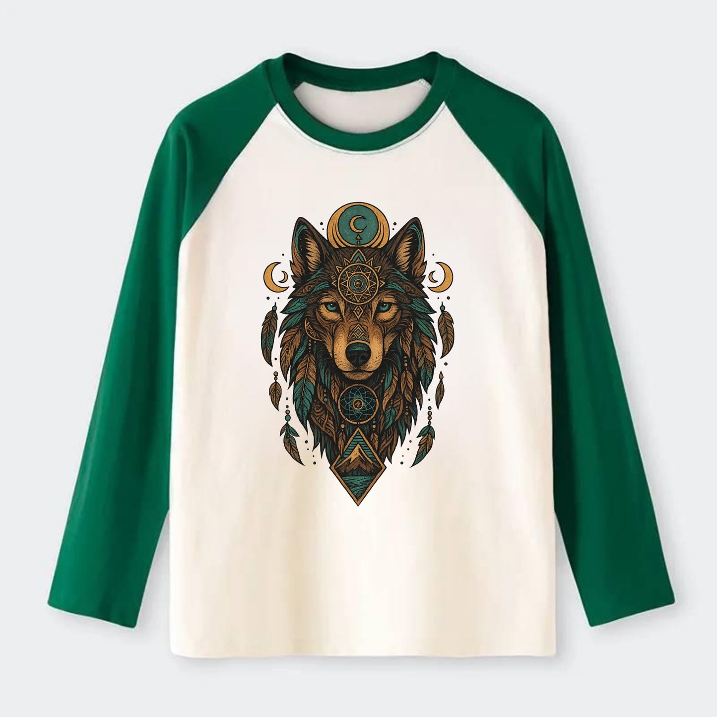 Retro 80s Wolf - Raglan Long Sleeve T-Shirt - Green