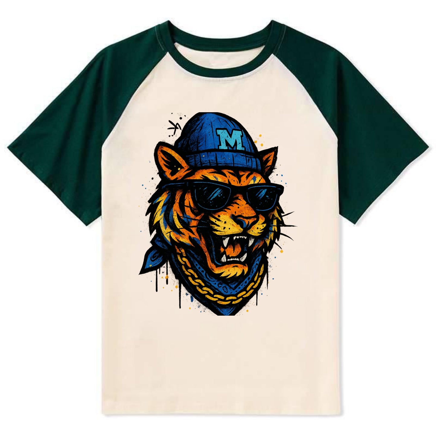 Memphis Tiger wearing Memphis beanie with M patch - Contrast Raglan T-shirt - Green
